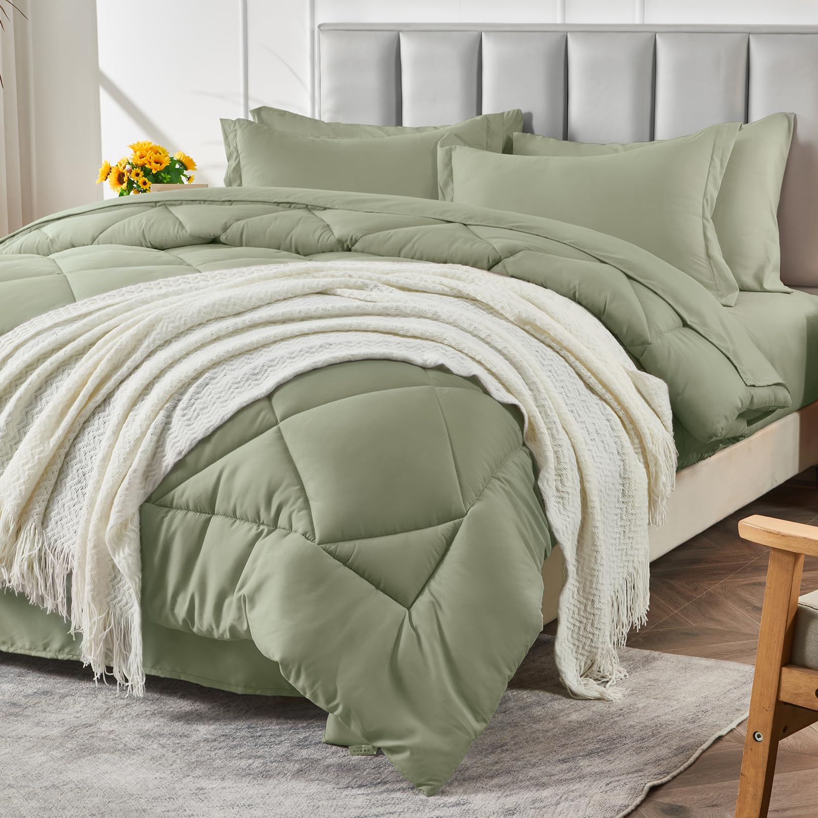 CozyLux Full Comforter Set with Sheets 7 Pieces Bed in a Bag Sage Green All Season Bedding Sets with Comforter, Pillow Shams, Flat Sheet, Fitted Sheet and Pillowcases