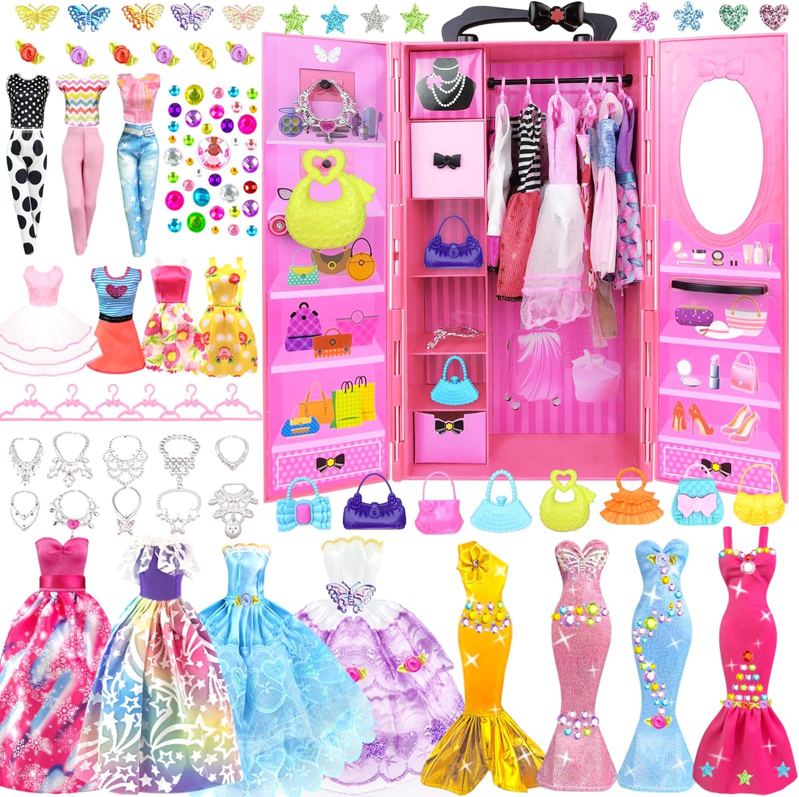 75PCS Doll Clothes and Accessories with Closet for 11.5 Inch Doll - Fashion Design Set Including Wedding Dress Fashion Dresses Outfits Tops and Pants Hangers Bags for Girls