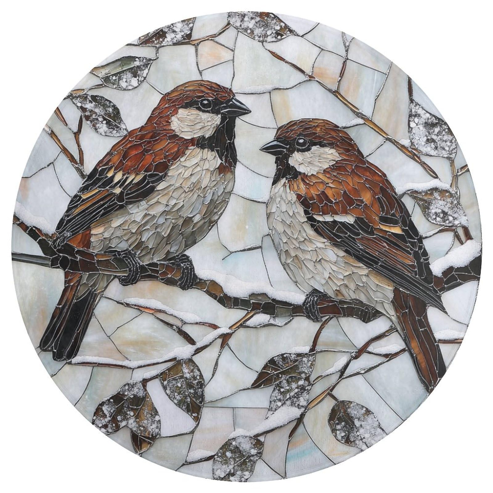 Tapis rond moderne 90 cm antidérapant avec motif oiseaux style vitrail