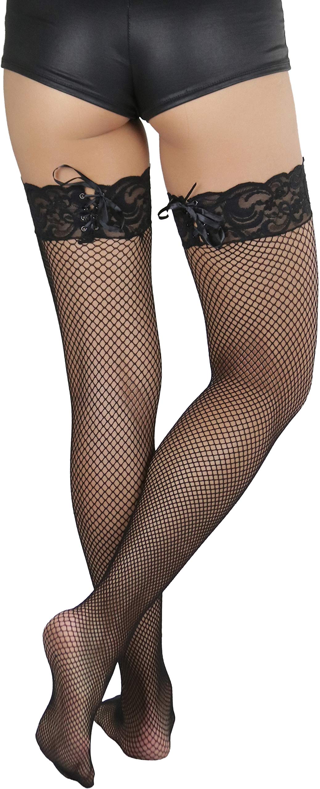 ToBeInStyle Women's Spandex Double Weaves Thigh Hi With Lace Up Lace Top: Fishnet - Black Lace Top