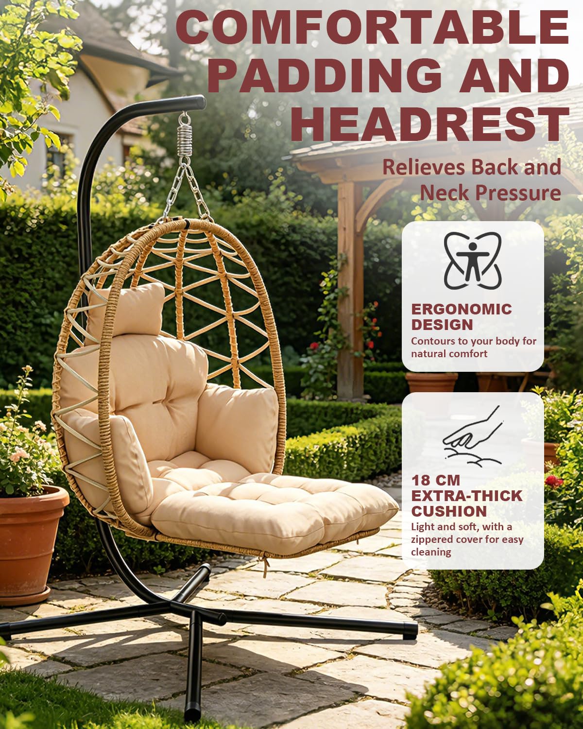 Hängesessel mit Gestell, Hängestuhl Outdoor mit Abnehmbarer Fußstütze, Garten Hängesessel mit Dickem Sitzkissen & Waschbarem Bezug, Hängeschaukel Bis 150kg, Hängestuhl für Leseecke Balkon Terrasse