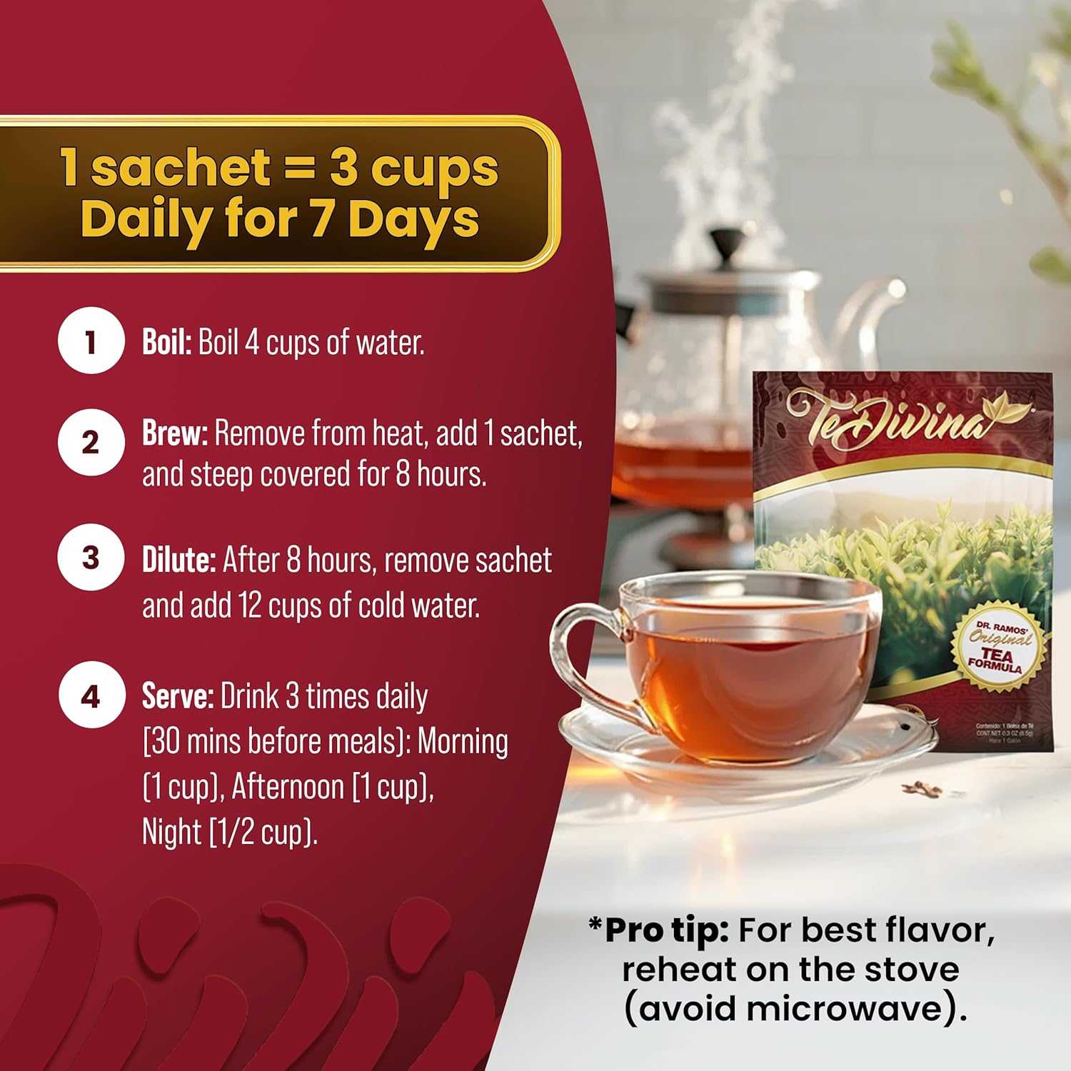 Te Divina | Té Detox Adelgazante durante 7 días | Té de hierbas para controlar el peso, limpiar la grasa del vientre y el colon | Alivio de la hinchazón, energía y digestión | Chaga Siberiana, Ganoderma, Manzanilla, Jengibre | Té Herbal Para Bajar de Peso 