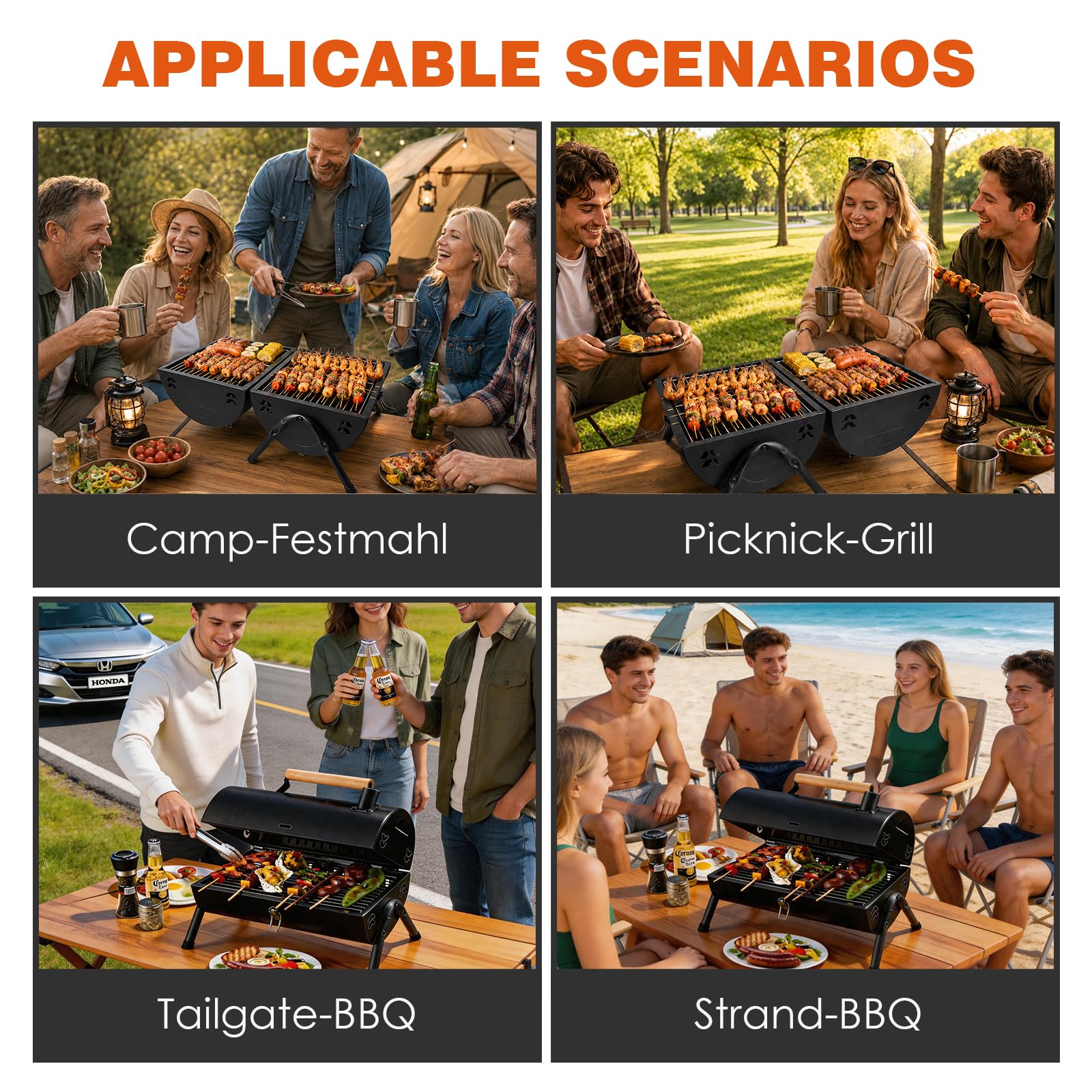 Barbecue charbon de bois portable, fumoir double face avec cheminée, brasero extérieur, 2 grilles et 2 plateaux à charbon, poignée en bois, pour 3-5 personnes, jardin et réunions