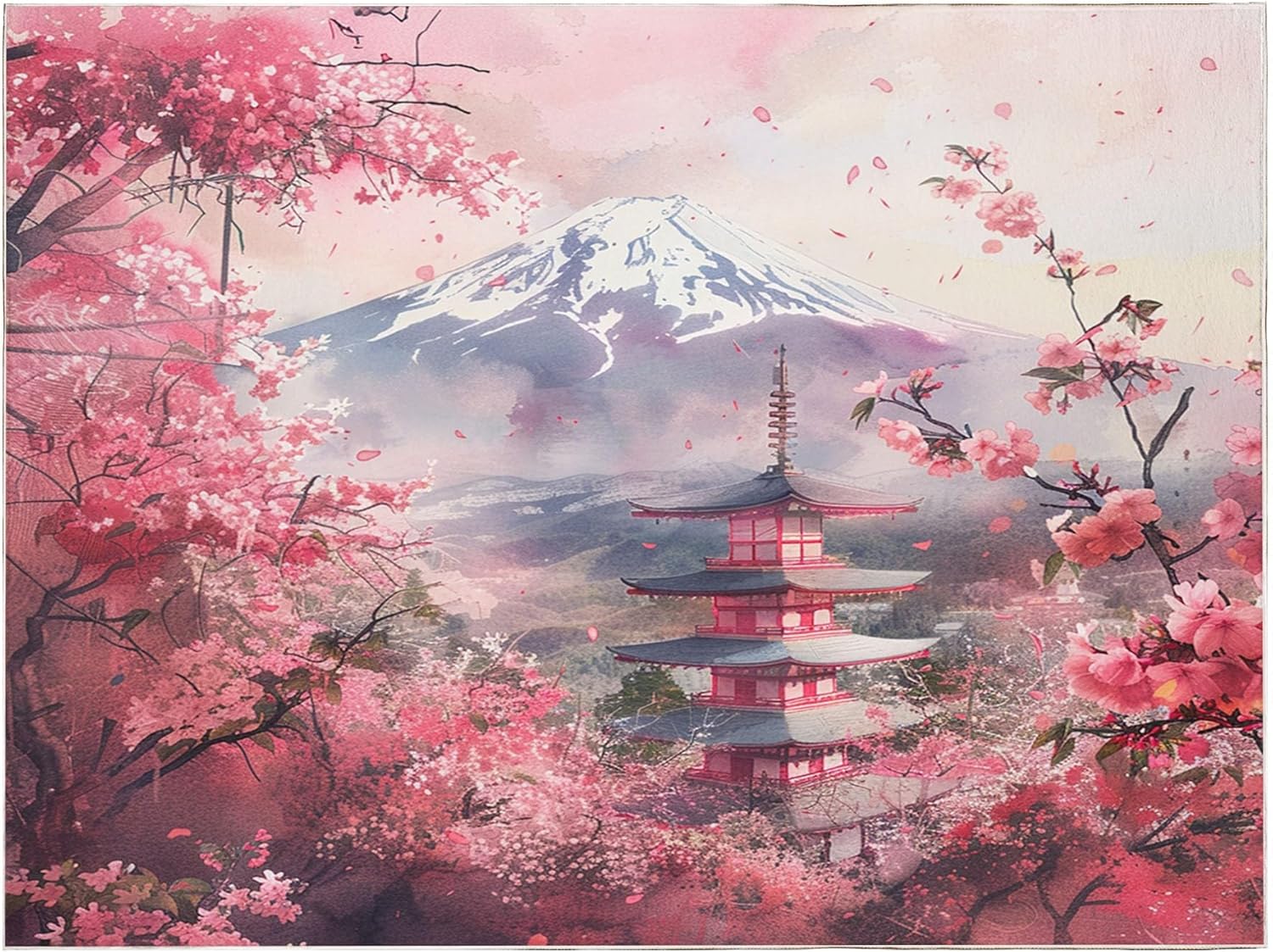 Generic Japanese Style Cherry Blossoms Mountain Area Rug 2x3, Soft Non-Slip Large Living Room Rug, Machine Washable Modern Geometric Bedroom Rug, Mat Carpet for Sofa Kitchen Dining Kids Room
