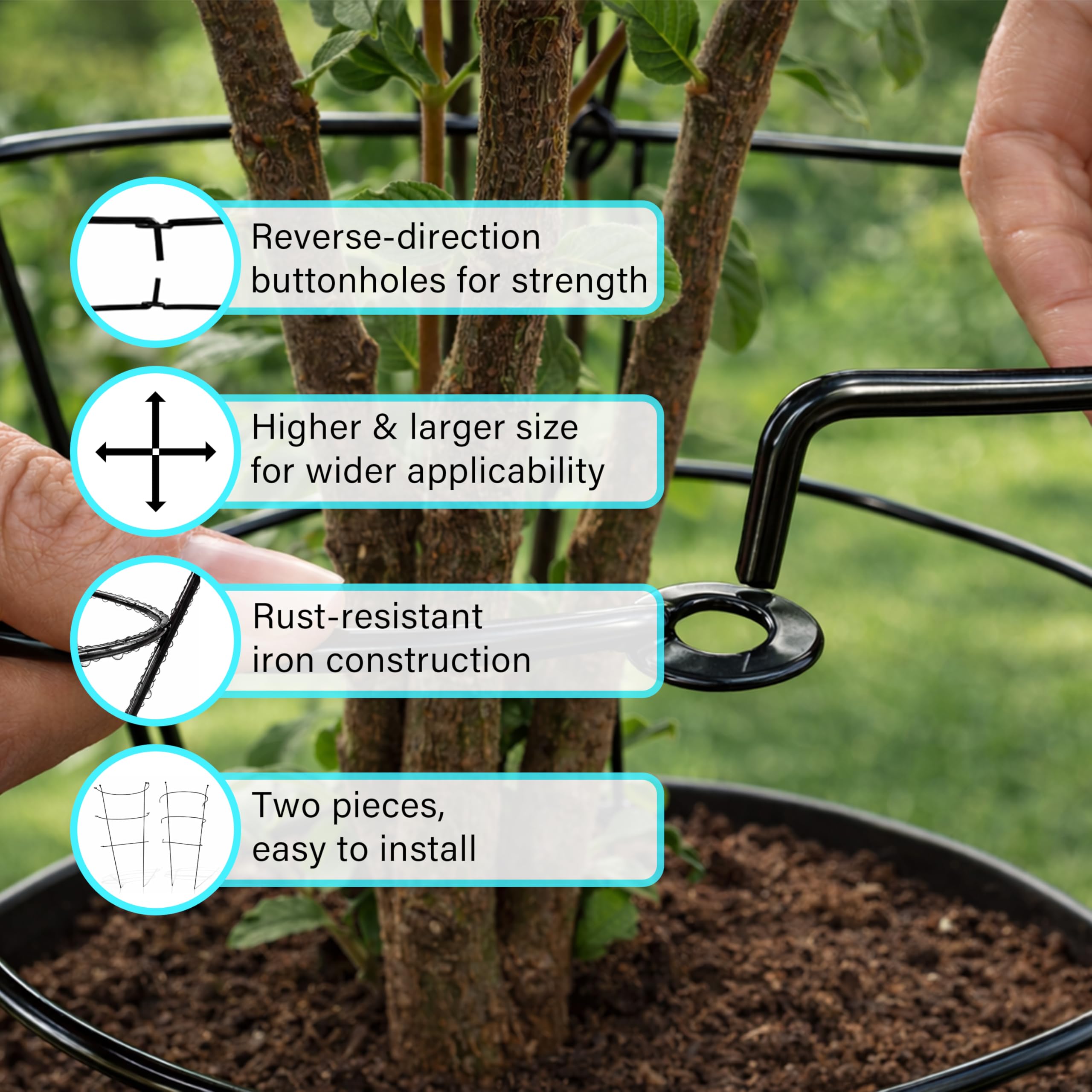 2 Pack Peony Support Frame, Heavy Duty Rust-Resistant Steel Peony Plant Support Ring Outdoor Garden Flower Border Cage for Perennial Plants, 66cm Tall — view 3