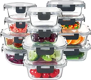 UMI UMIZILI 12 Pack Glass Food Storage Containers with Lids for Kitchen, Leakproof Meal Prep Containers,Airtight Stackable Glass Bento Box for GYM, On-the-go, Leftover, Freezer & Dishwasher Safe