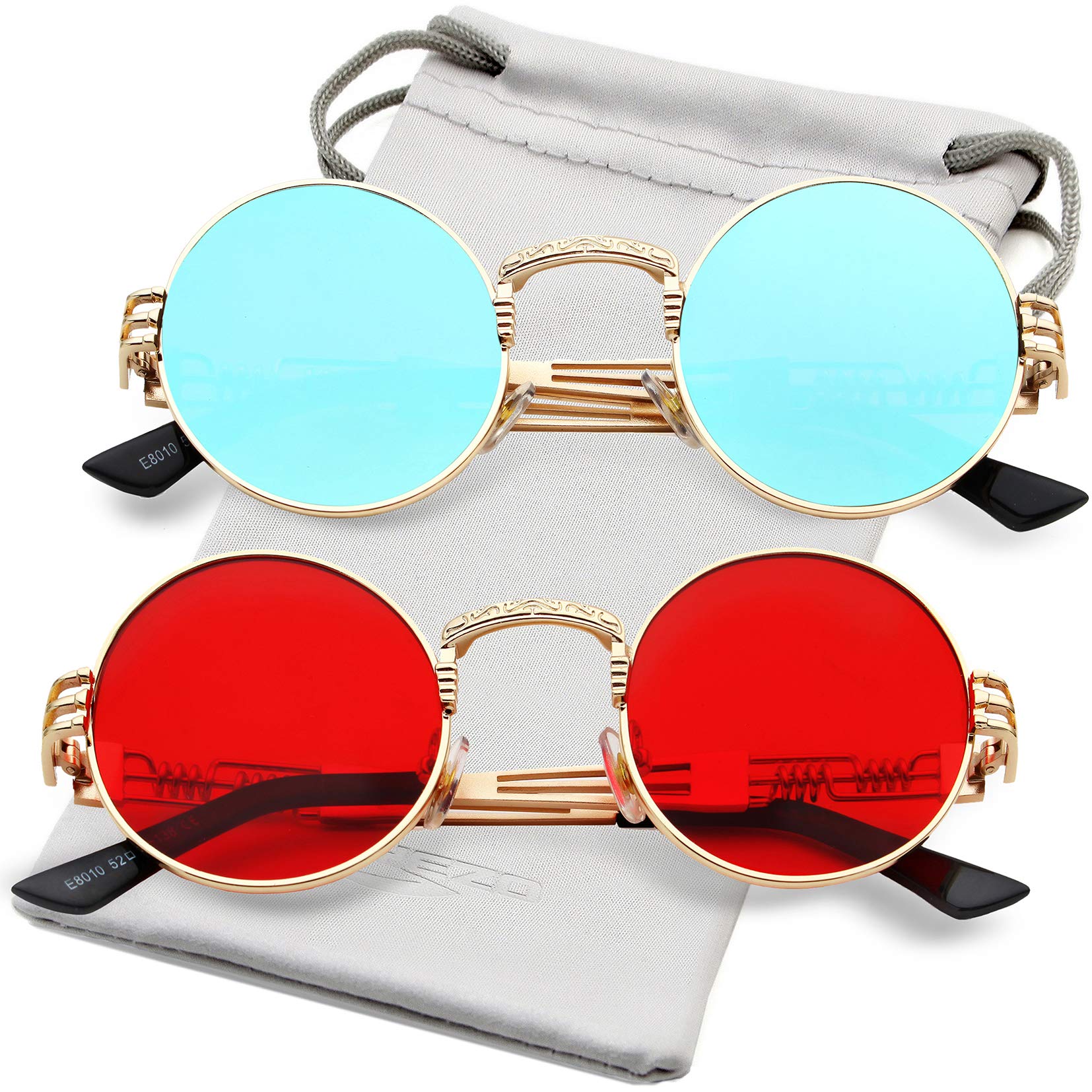 AIEYEZO Round Steampunk Sunglasses Circle Lennon Hippie Glasses Metal Frame 100% UV Blocking Lens