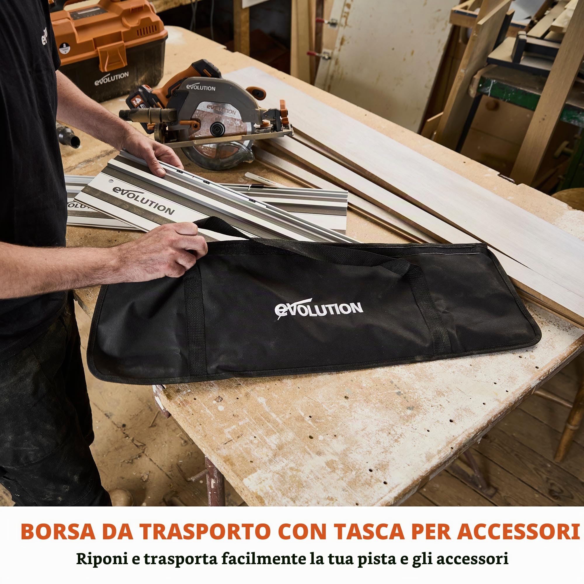 Evolution ST1400-G2 - Guida per sega circolare, 139,7 cm, universale: Makita, Bosch, Festool, Triton, Metabo, 1,4 m, con aste autoallineanti, 2 morsetti per binari
