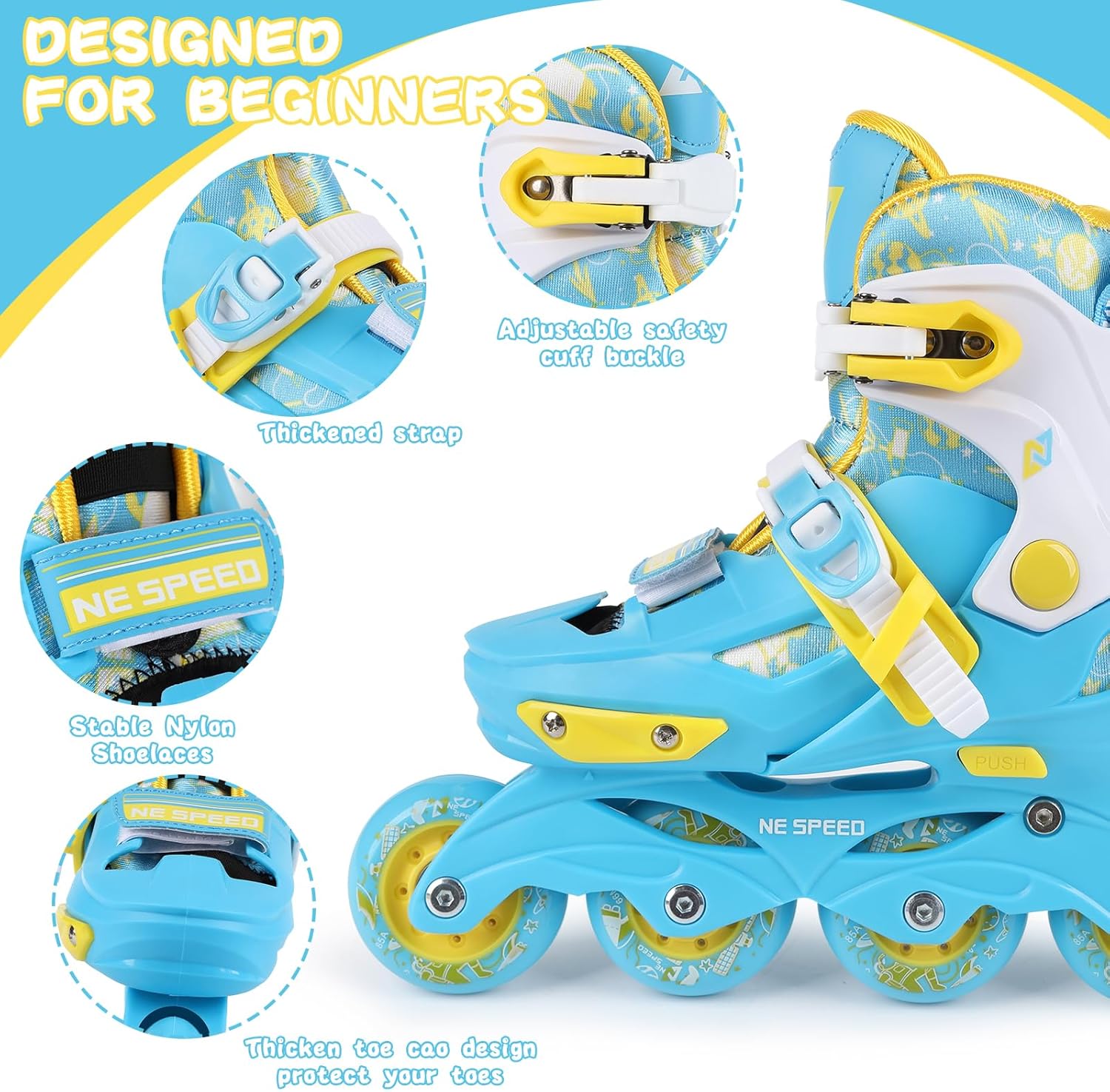 Inline Skates, Adjustable Childrens Inline Skates with Light up Wheels for Girls, Boys, Teens, Beginner | with Protective Gears and Carry Bag