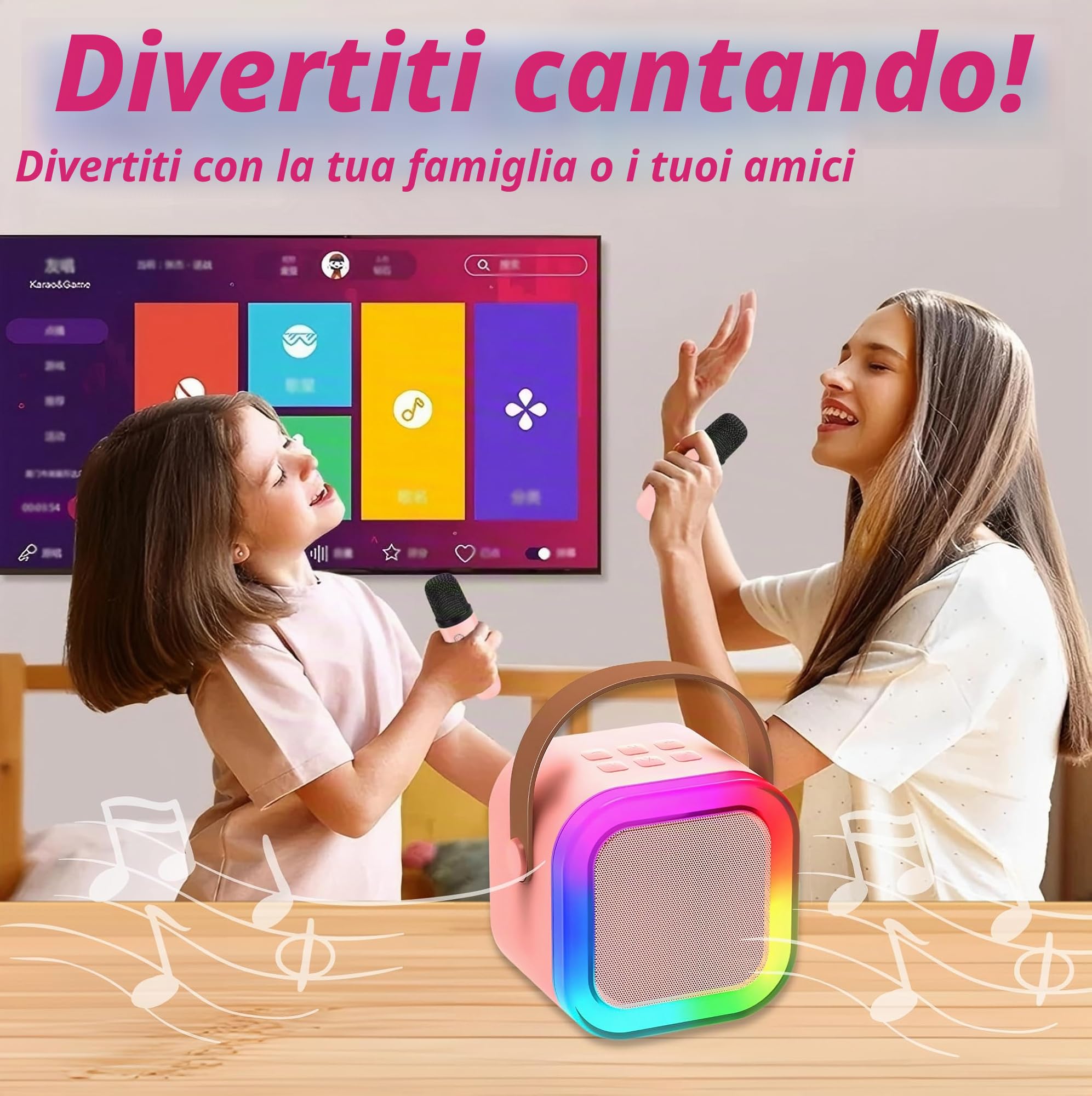 Chennyfun Macchina Karaoke con 2 Microfono, Karaoke Portatile Bambini con Altoparlante Bluetooth, Luce LED ed Effetti di Cambio Voce, Giocattoli per Karaoke Ricaricare per Ragazzi e Ragazze