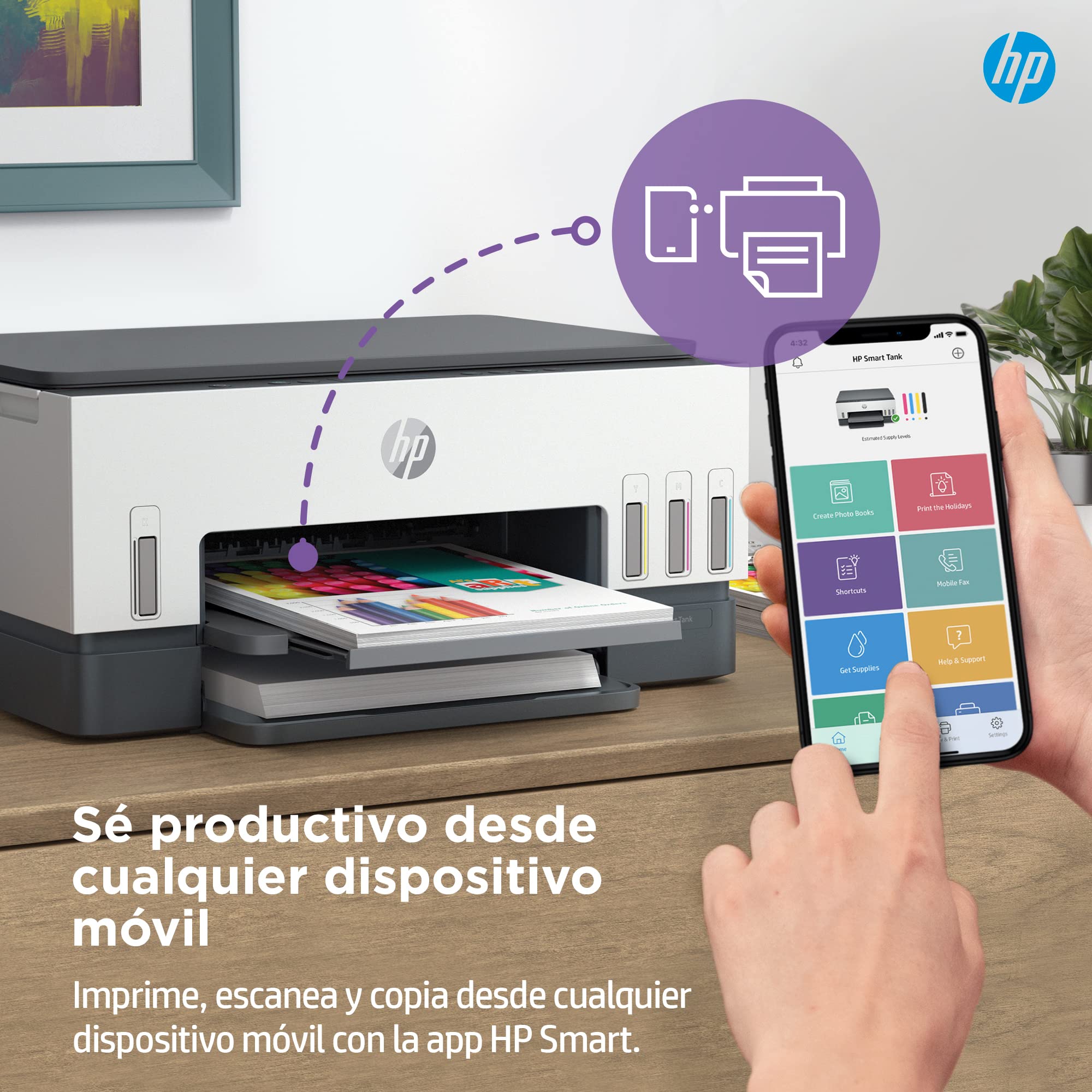 HP Smart Tank 6005, Impresora A4 Multifunción a Color, Inyección de Tinta, Wi-Fi de Doble Banda, Impresión automática a Doble Cara, Escáner, Copiadora, Smart App, Tinta incluida hasta 3 años