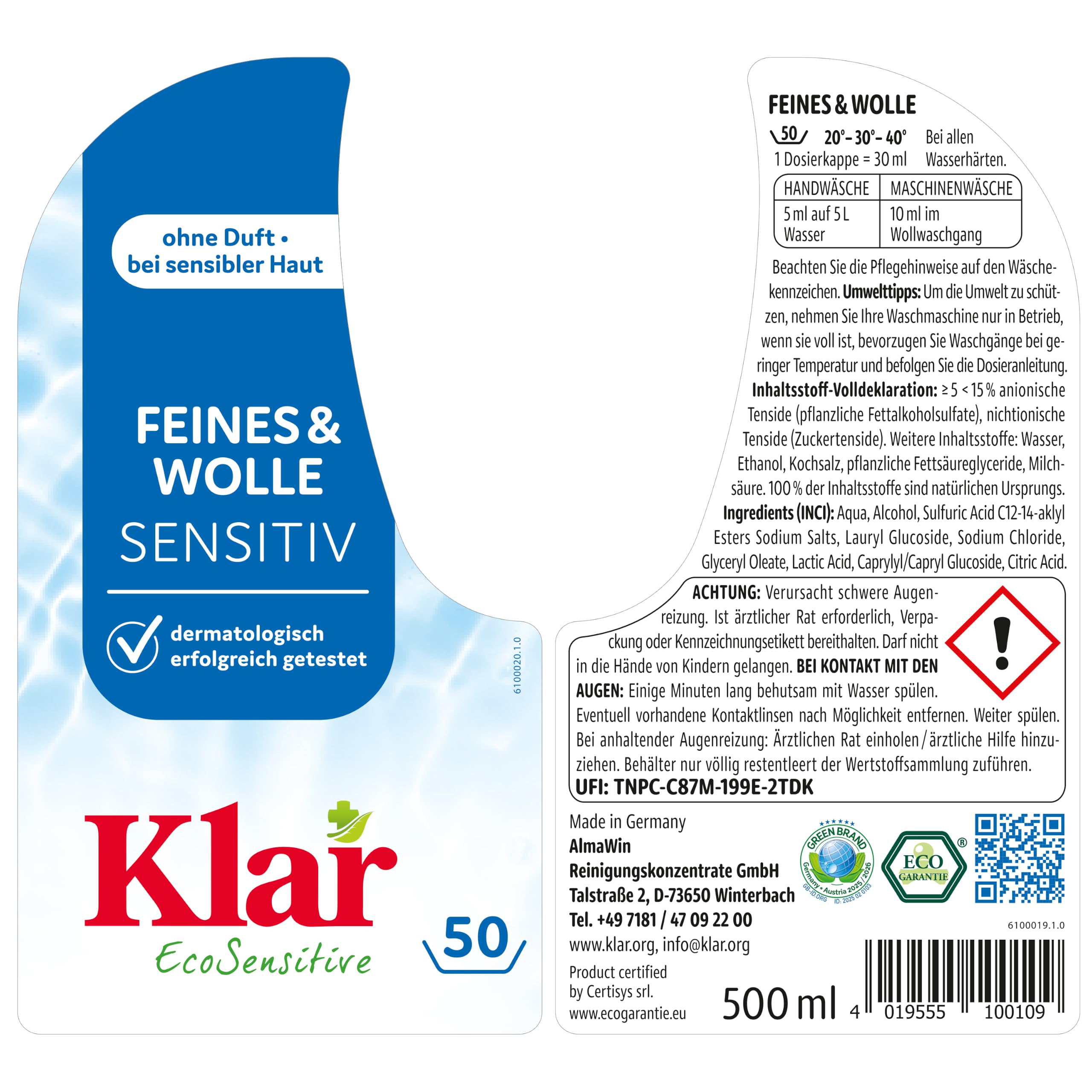 Klar EcoSensitive Waschmittel Feines & Wolle SENSITIV, 12x 500ml - Ohne Duft