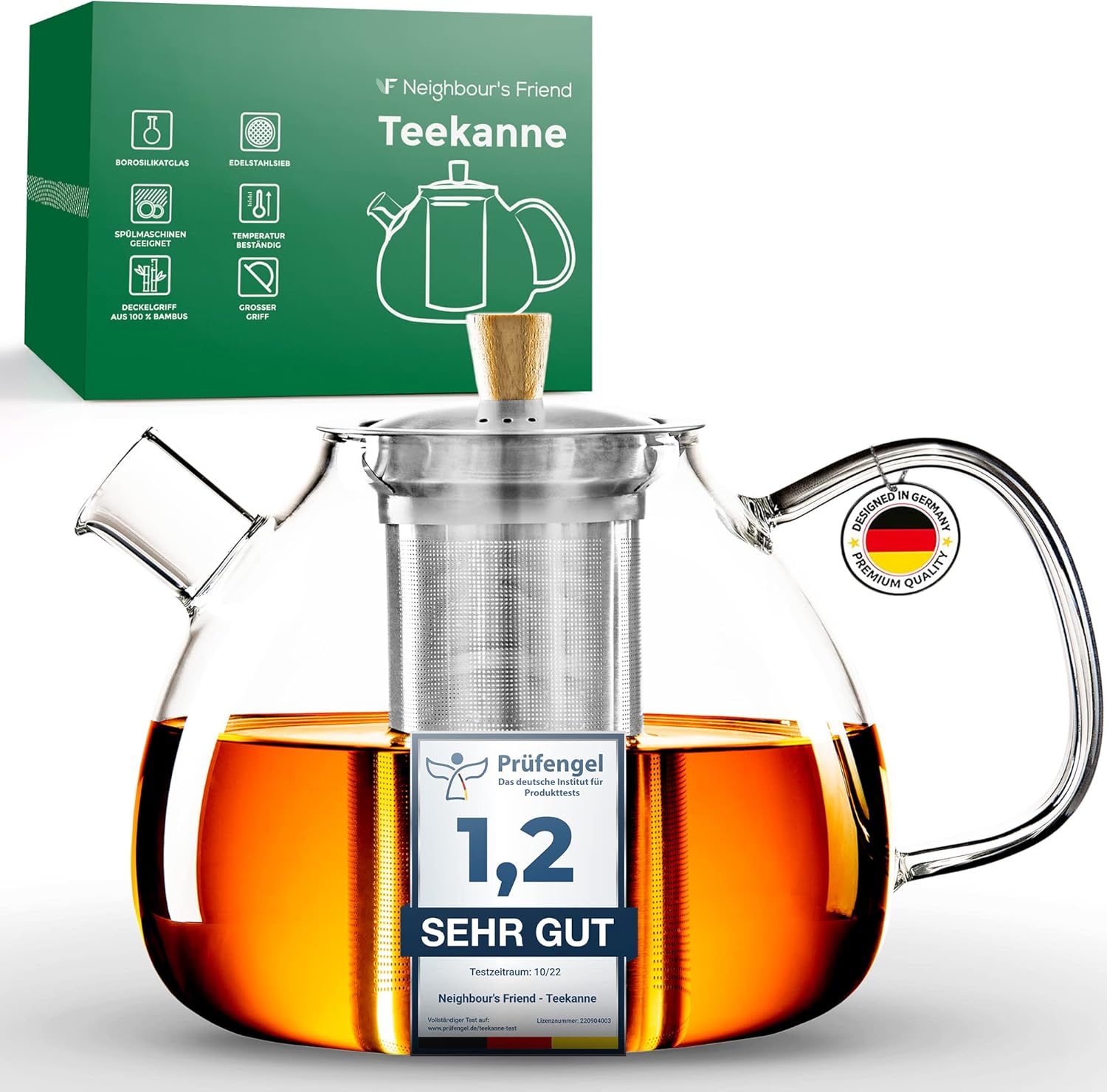 Neighbour's Friend® Handmade Premium Glass Teapot 1.5 L Bamboo Lid