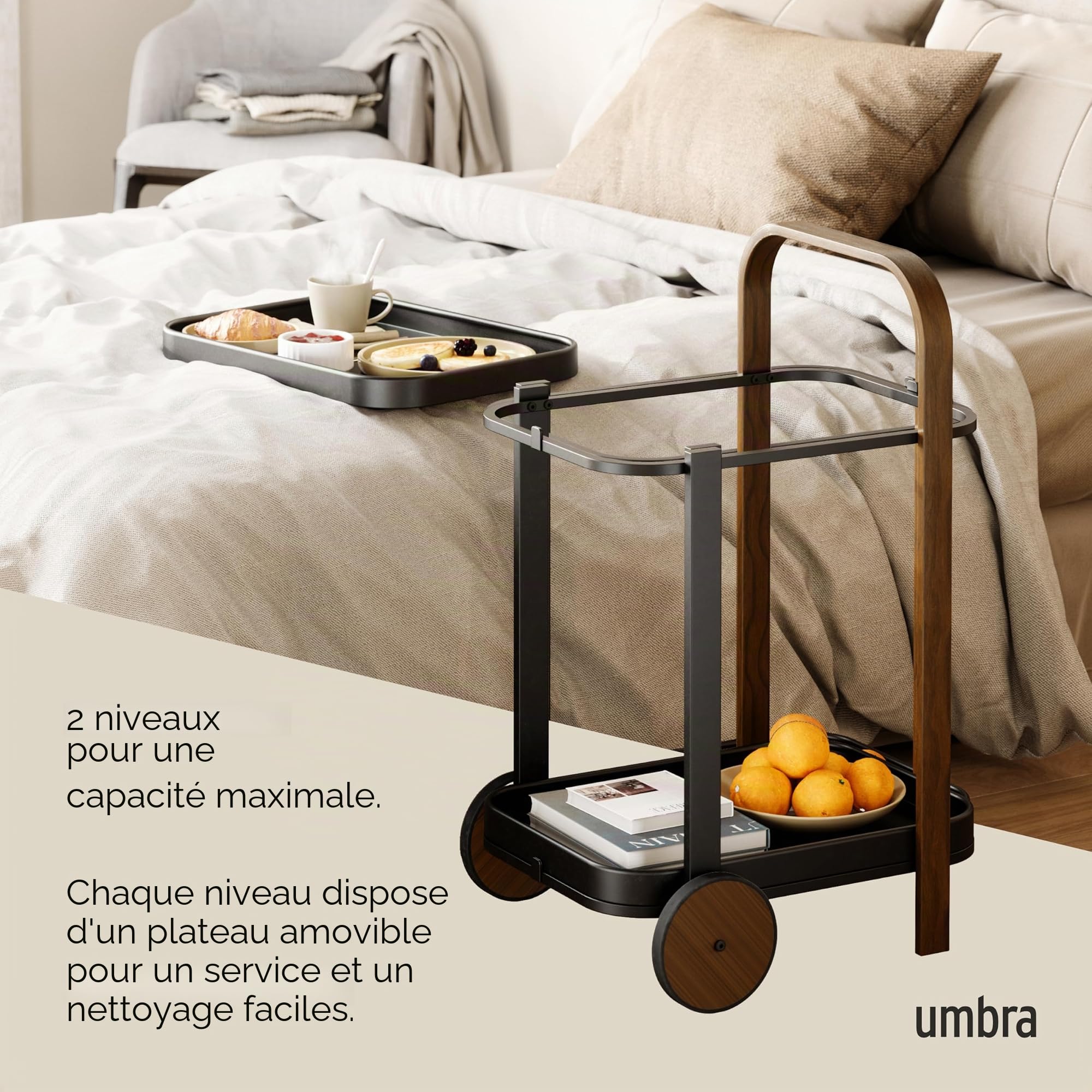 Umbra Bellwood Desserte à roulettes et Table d'appoint avec 2 étages et Plateaux Amovibles, Noir/Noyer