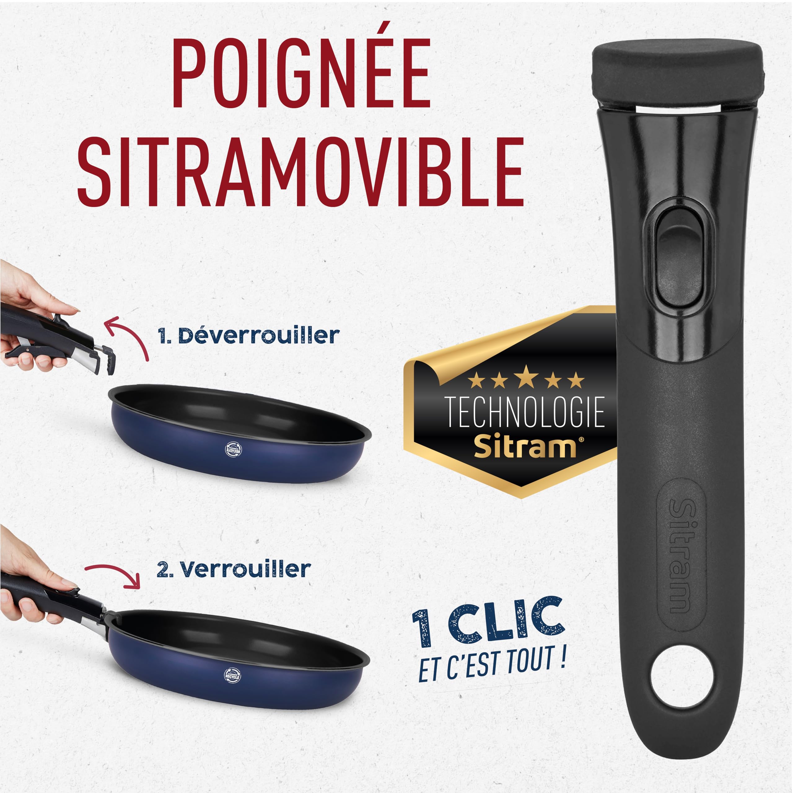 Sitram 716978 Batterie de Cuisine en Aluminium recyclé bleu 6 pcs : 1 manche amovible, 1 casserole Ø18cm, 2 Poêles Ø22,26cm,1 Sauteuse Ø24cm, 1 couvercle - Tous feux dont induction