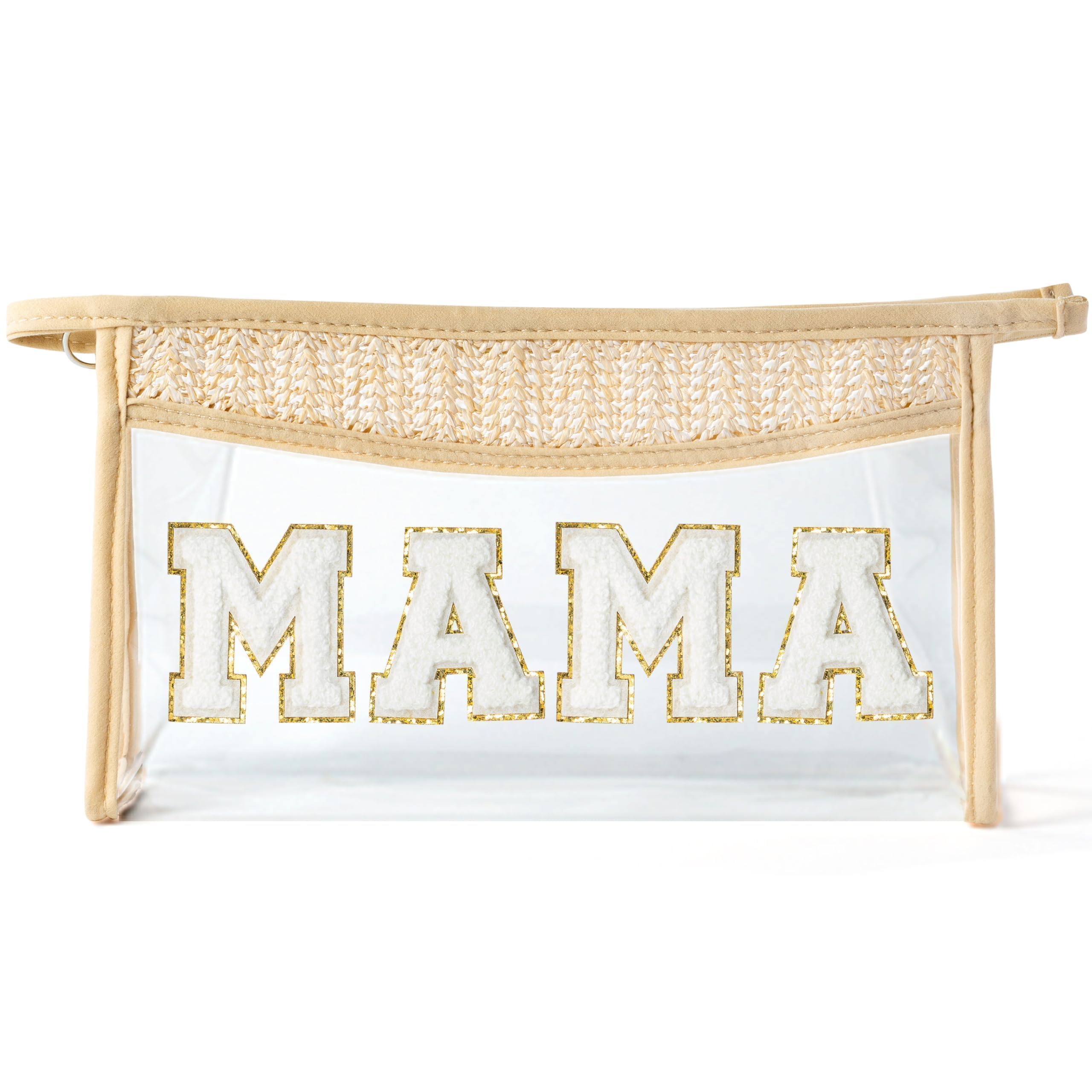Mother's Day Cosmetic Bag - Summer Boho Patch MAMA Chenille Varsity Letter Makeup Bag Clear Waterproof Travel Toiletry Kit Zipper Clutch Daily Use Purse Gift for Mom Women Ladies Wife