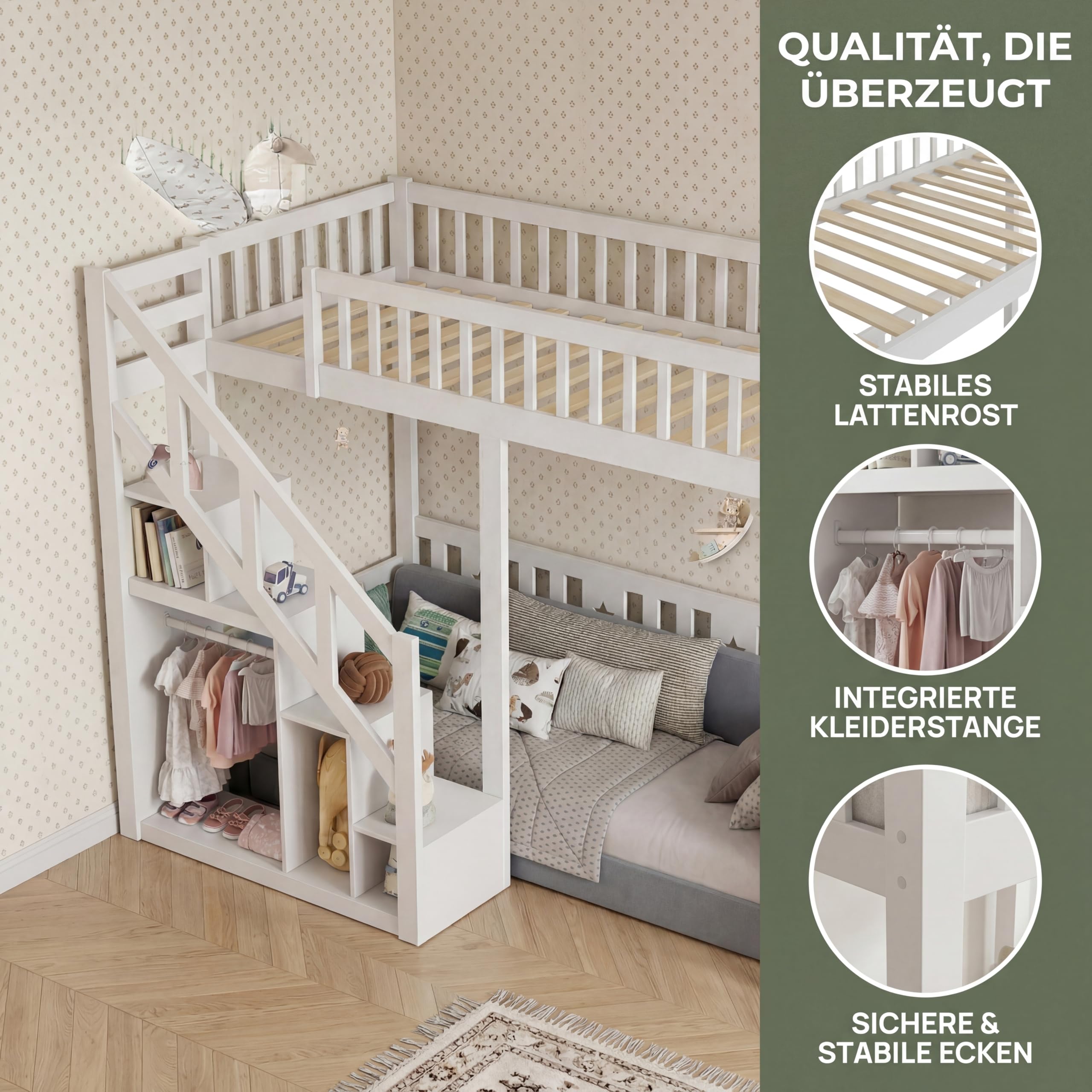 Etagenbett 90x200 mit Treppe & Stauraum, Hochbett Kinderbett mit Lattenrost, Funktionsbett Jugendhochbett Stockbett für Kinderzimmer, Jugendliche und Erwachsene, Weiß (Weiß, 90x200cm)
