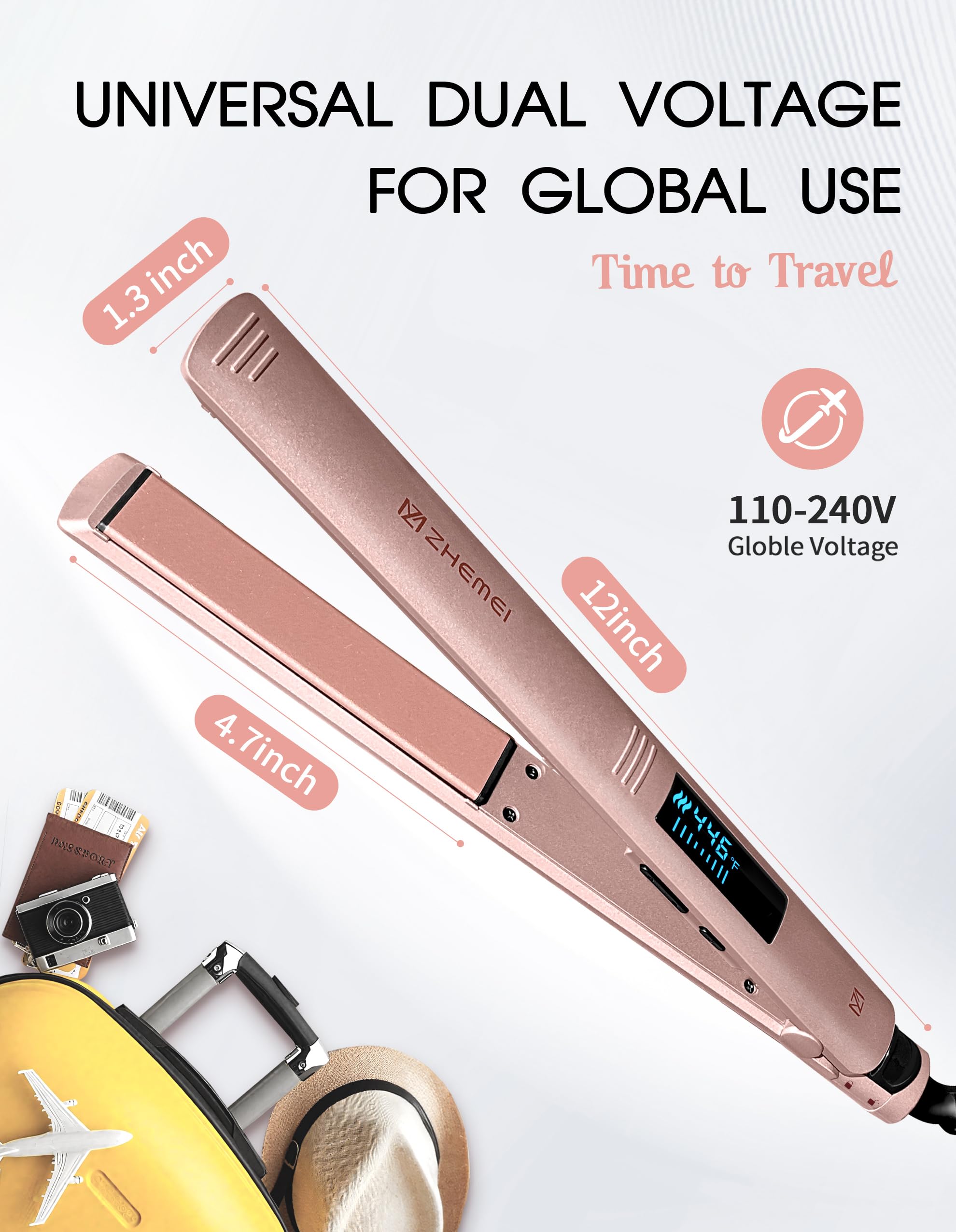 Plancha plana de 1 pulgada con pantalla LED, plancha profesional PTC cerámica de iones negativos, plancha de pelo de doble voltaje para cabello de mujer, calienta hasta 230.0 °C, 6