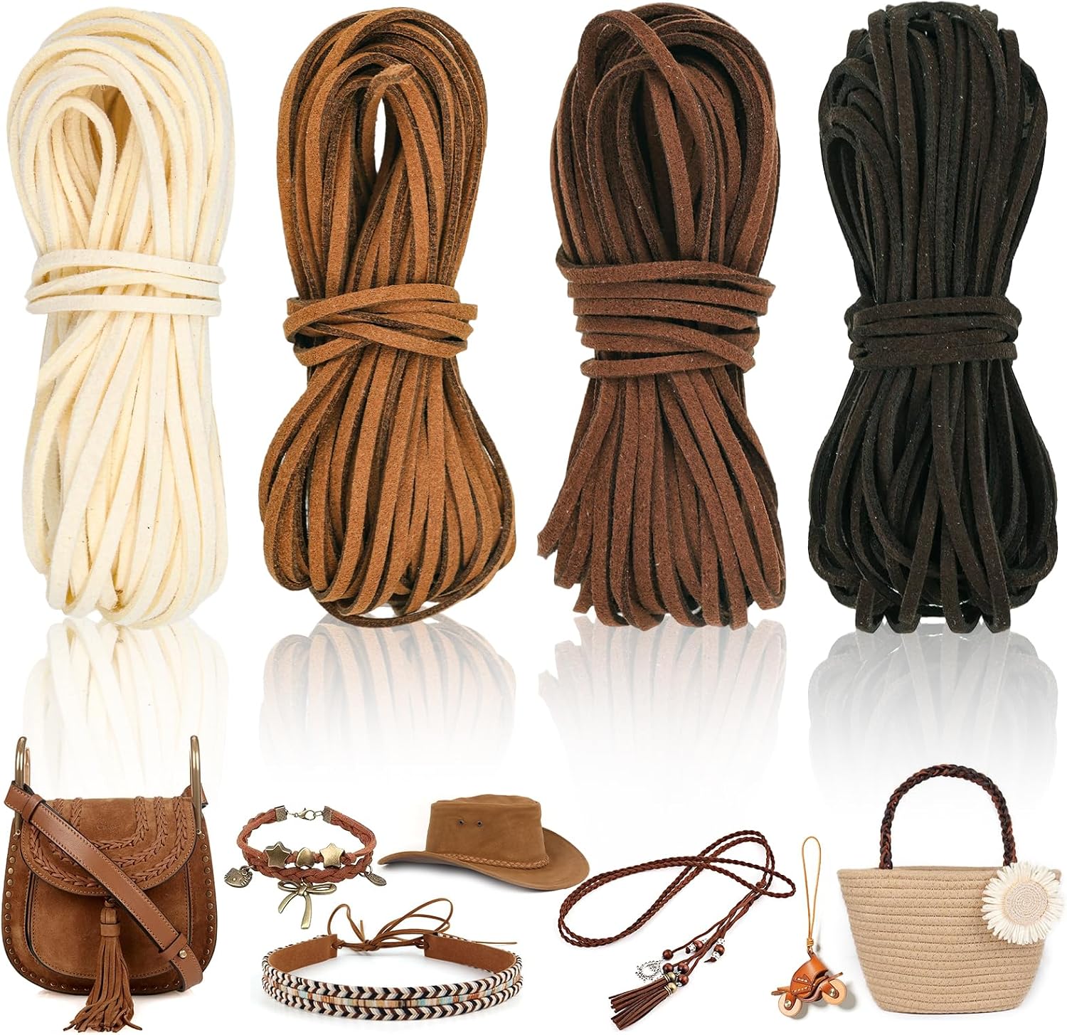 40 Yards 4 Bundles Suede String for Jewelry Making Faux Leather Strings Faux Suede Leather Cord for DIY Handmade Crafts (Dark Brown, Light Brown, Beige, Black-Brown, 10 Yards)