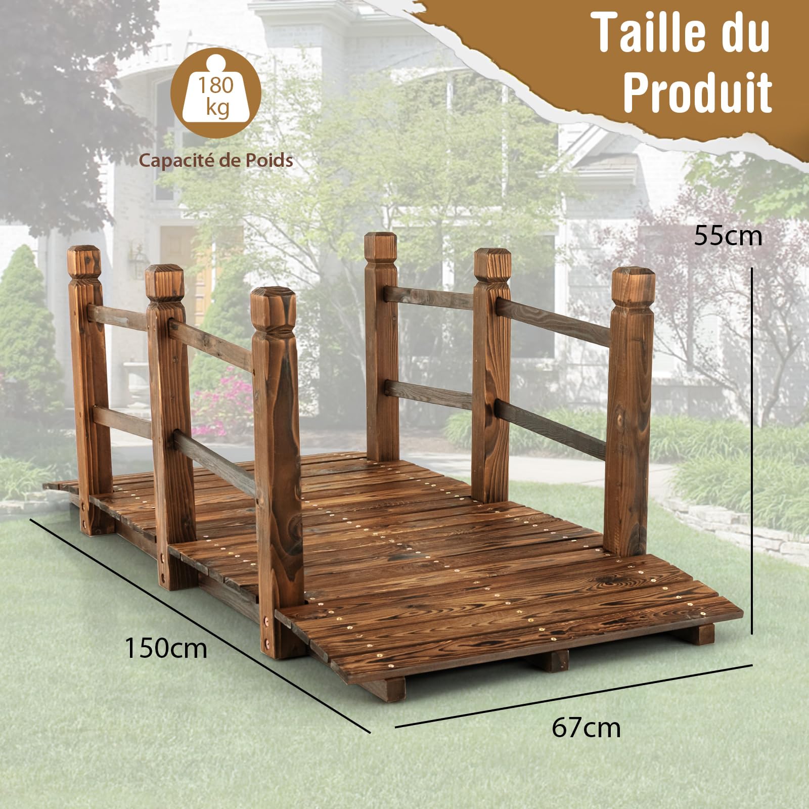 COSTWAY Pont de Jardin en Bois de Sapin Carbonisé Charge Maximale 150KG, Pont sur Étang 150 x 67 x 55 cm avec Double Garde-Corps de Sécurité, Décoration du Jardin pour Patio Cour (Marron foncé)