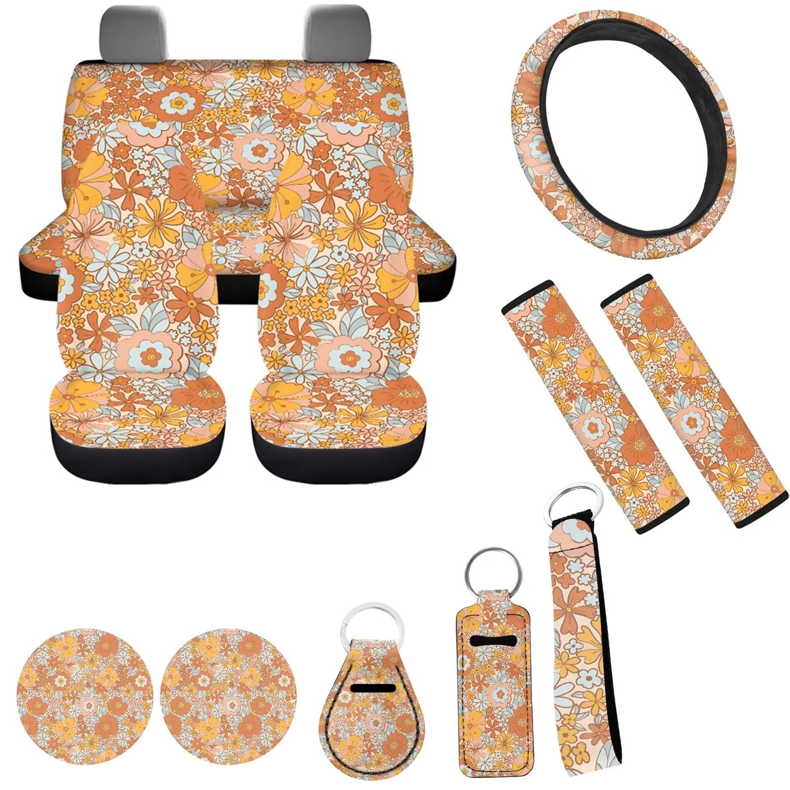 FUIBENG Vintage Daisy Groovy Flower Auto Seat Cover for Women 12 Pcs Abstract Boho Blossom Car Steering Wheel Cover Coaster Seatbelt Pad Keychains