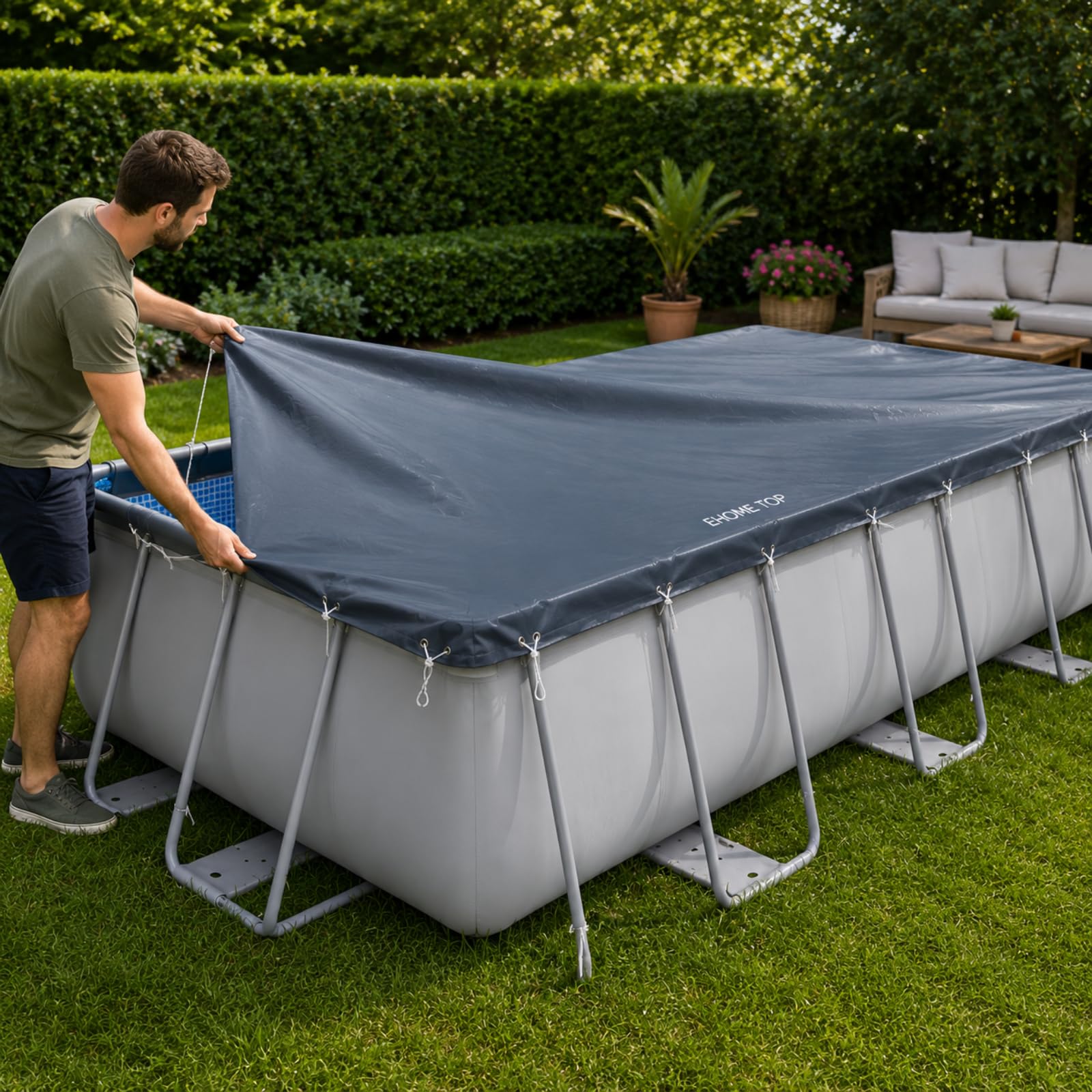Telo Copertura Piscina Rettangolare in PVC Impermeabile, Nera, con Fori di Drenaggio e Corde di Fissaggio Incluse (732x366 cm)