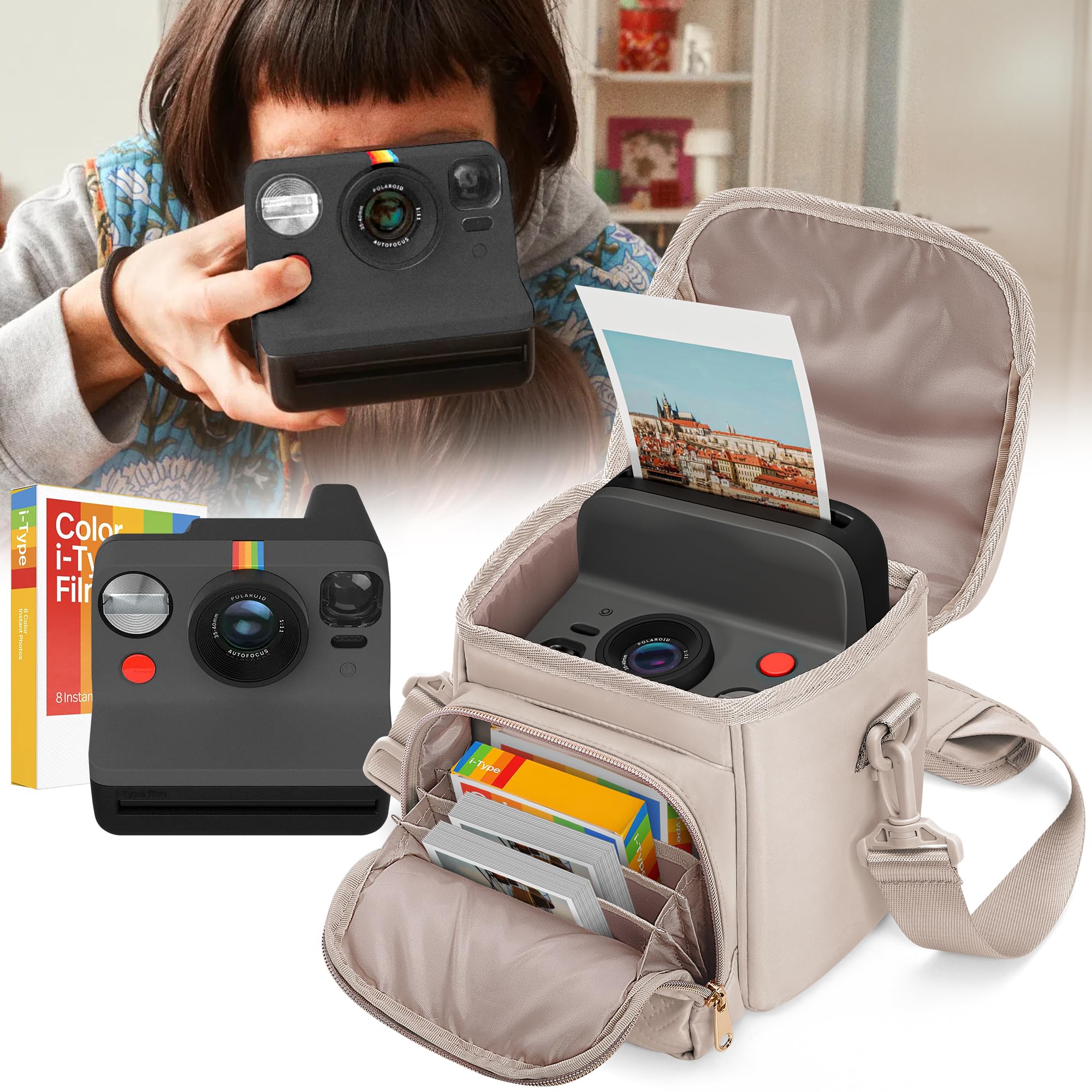Sac Bandoulière pour Appareil Photo Compatible avec Polaroid Now 2e Génération I-Type, Now+ 2e Génération I-Type, Now, Now+, OneStep+, OneStep 2 VF, Sac à Bandoulière pour Appareil Photo, Camel