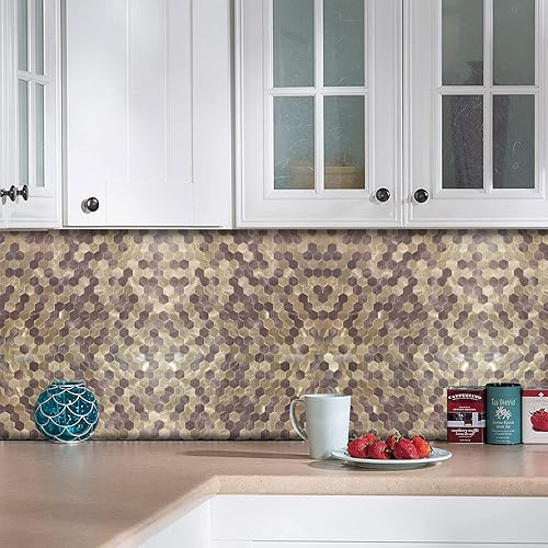 Miniatura 8 de YMMXGE Azulejo de pared hexagonal 3D para cocina, baño, sala de estar, adhesivo de mosaico de metal de aluminio autoadhesivo de 11.4 x 11 x 0.15