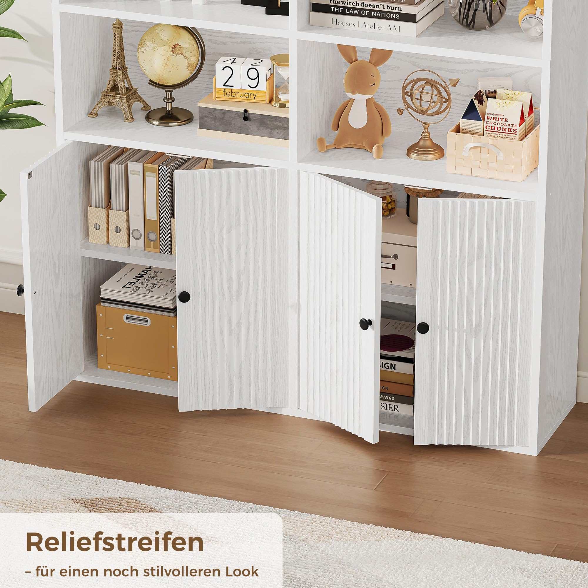 IRONCK Bücherregal mit Türen, Regal Holz mit 6 Ebenen 12 Fächern, Bücherschrank Hochschrank Vitrinenschrank, Einstellbare Regalböden, Standregal für Wohnzimmer Büro Schlafzimmer 108×30×180cm (Weiß)