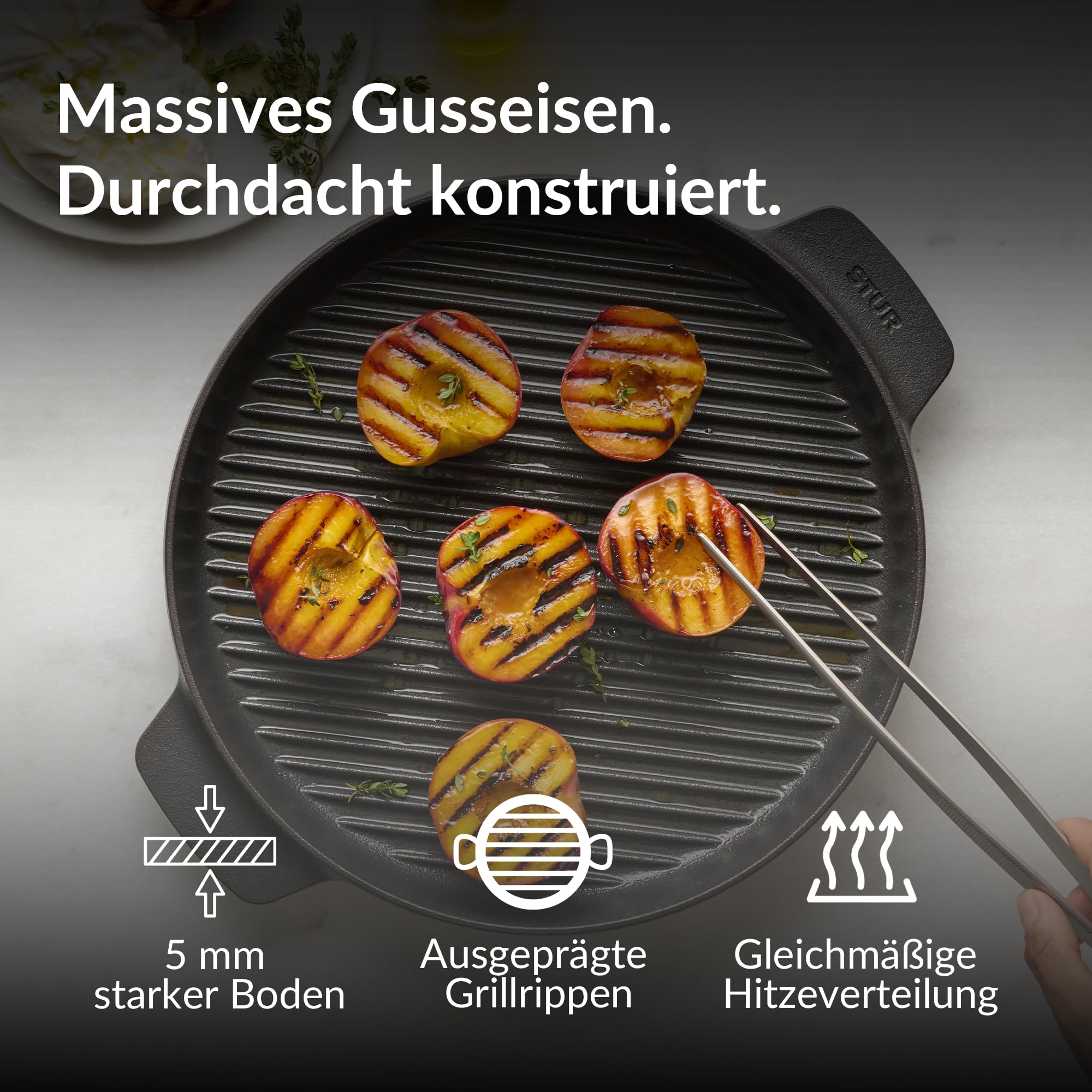 STUR - ORIGINAL Gusseisen Grillpfanne Induktion 28cm - Cast Iron Pan für alle Herdarten - Runde Grillpfanne Gusseisen ohne künstliche ANTIHAFT-BESCHICHTUNG & kratzfest - Made in Germany