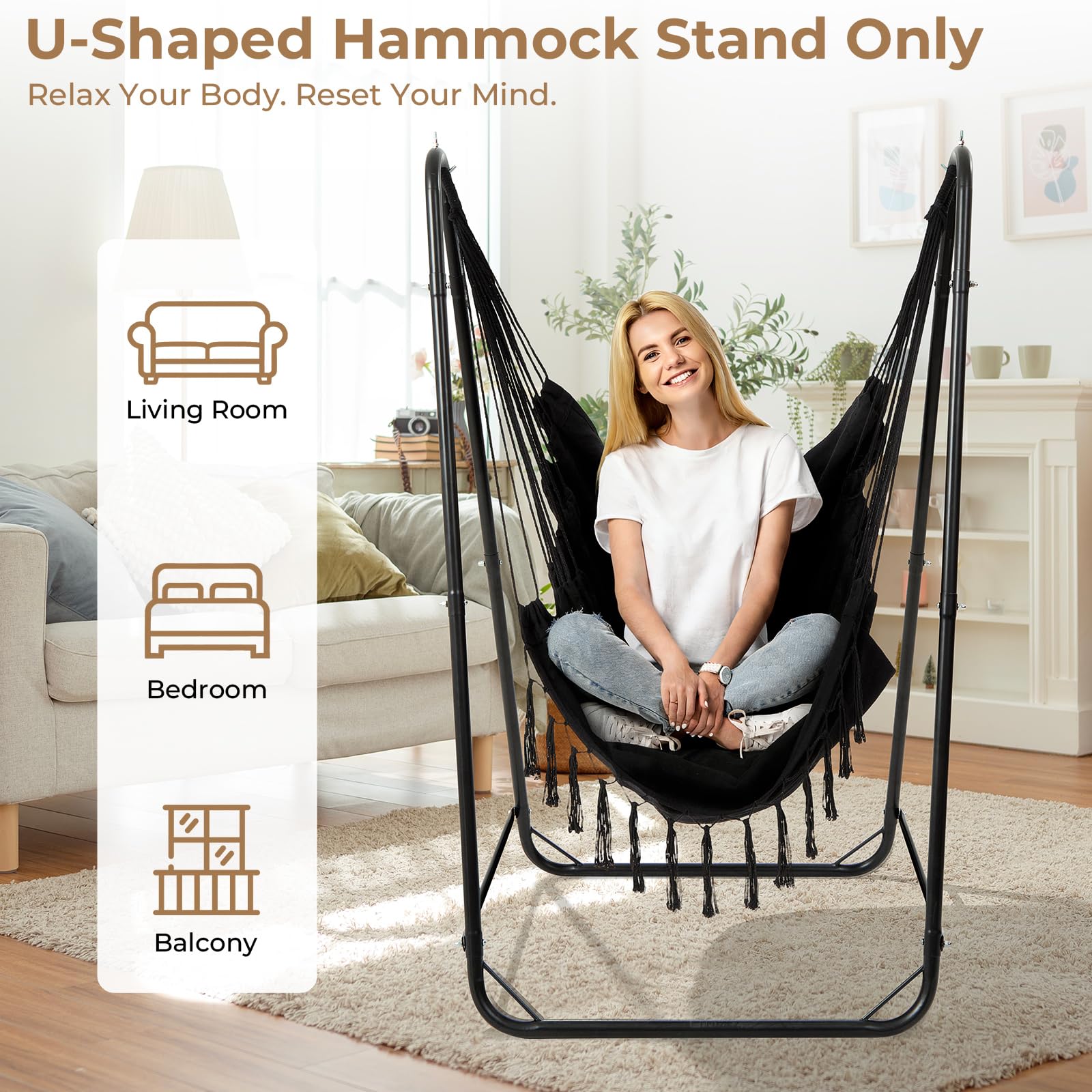 Support de Chaise Suspendue en U pour Hamacs, Acier Robuste, Capacité 100 kg, Noir