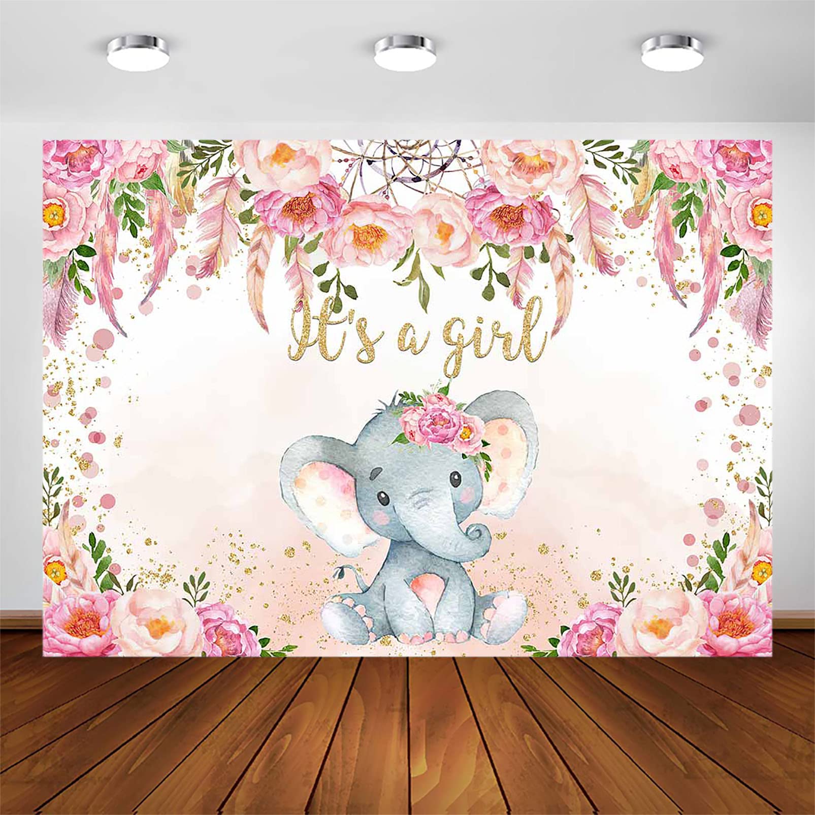 Avezano Elephant Baby Shower Backdrop for Girl Blush Pink Floral It's a Girl Newborn Kids Birthday Party Decoration Photography Background Elephant Birthday Photoshoot Supplies (7x5ft)