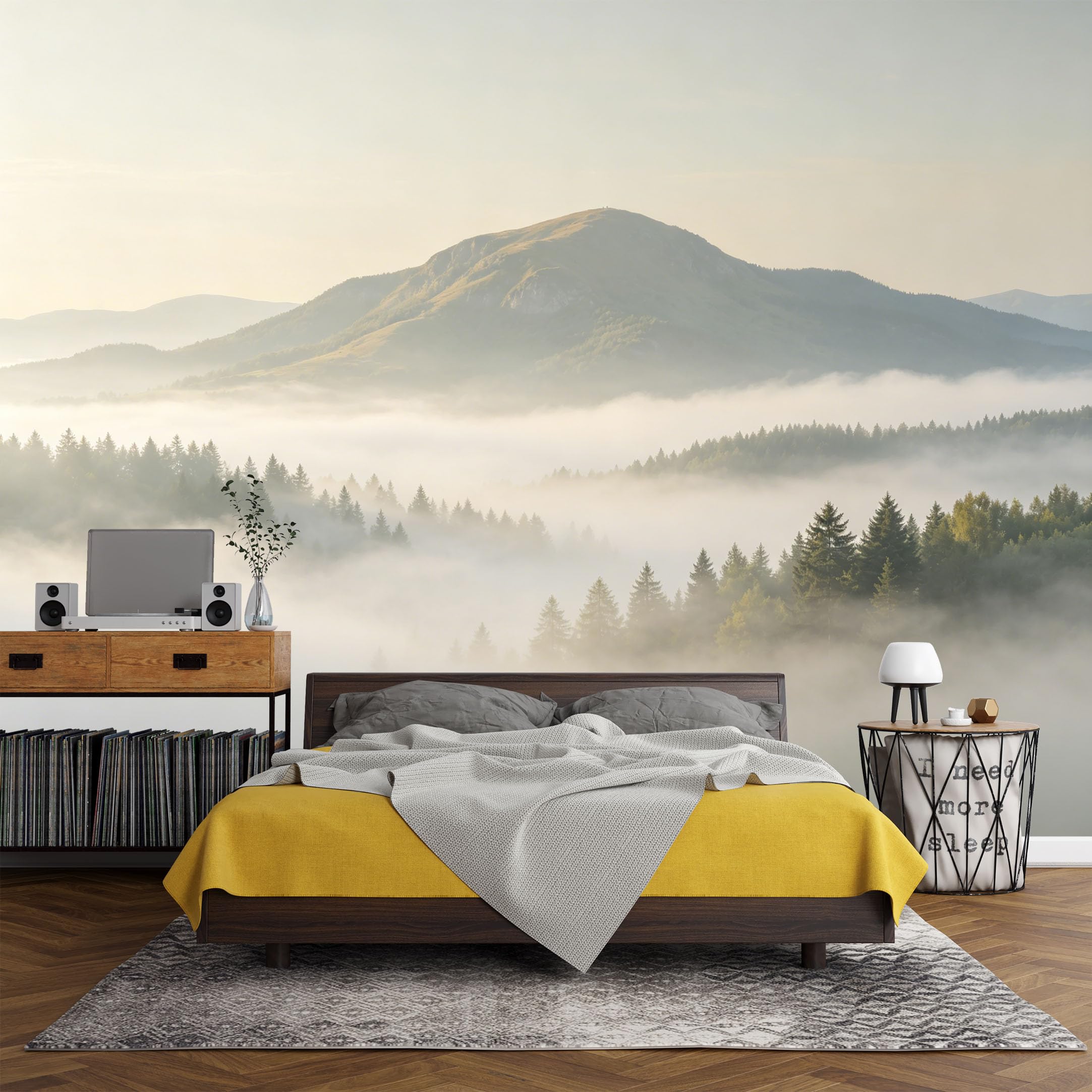 Custom Size Wall Mural， Mountain Lake Morning Mist Forest Landscape，SelfAdhesive Art Prints wall Fabric (No PVC) Removable Wallpaper Living Room Decor