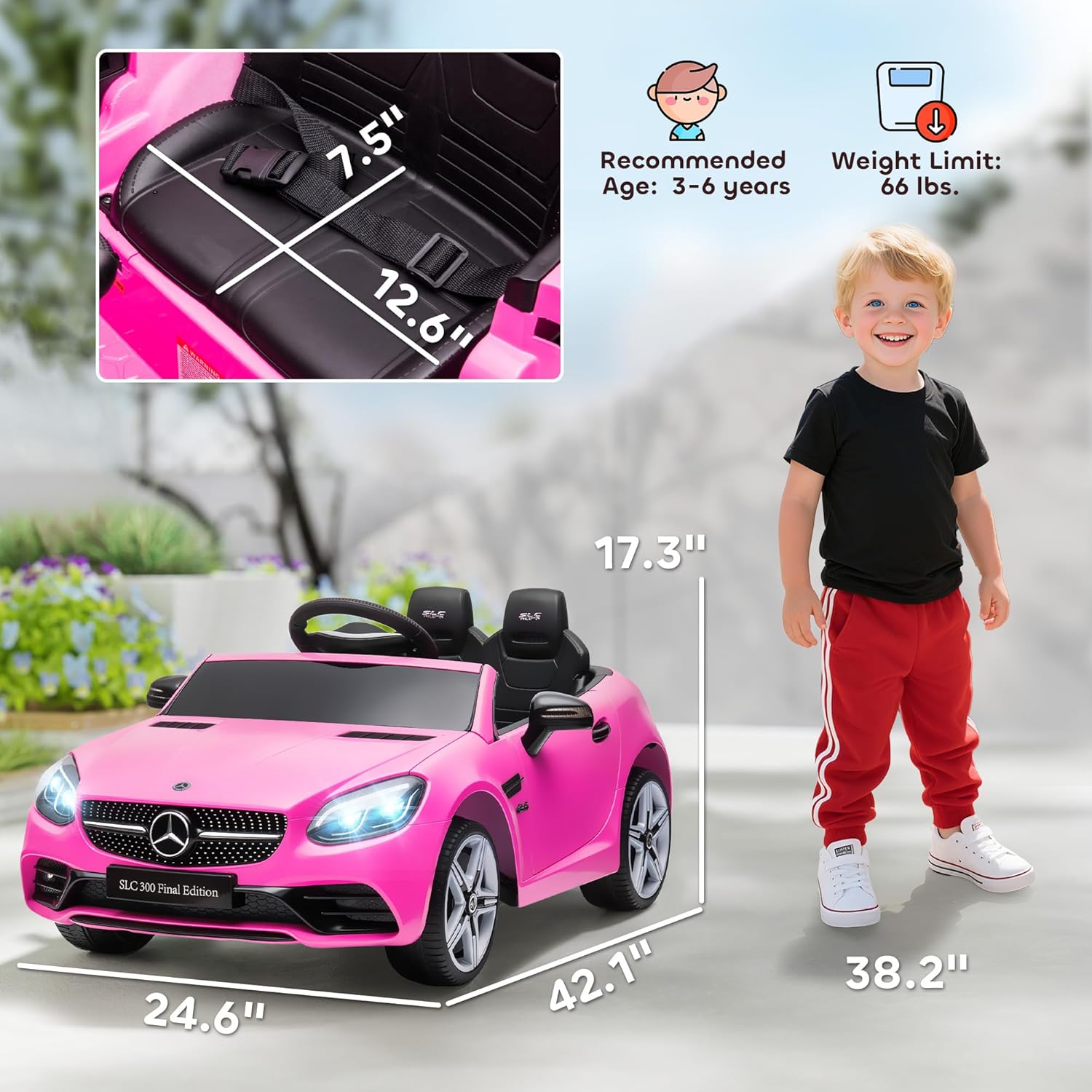 Aosom Mercedes SLC 300 Licensed Kids Electric Car with Remote Control, 12V Battery Powered Kids Ride on Car with Music, Lights, Suspension for 3-6 Years Old, Pink