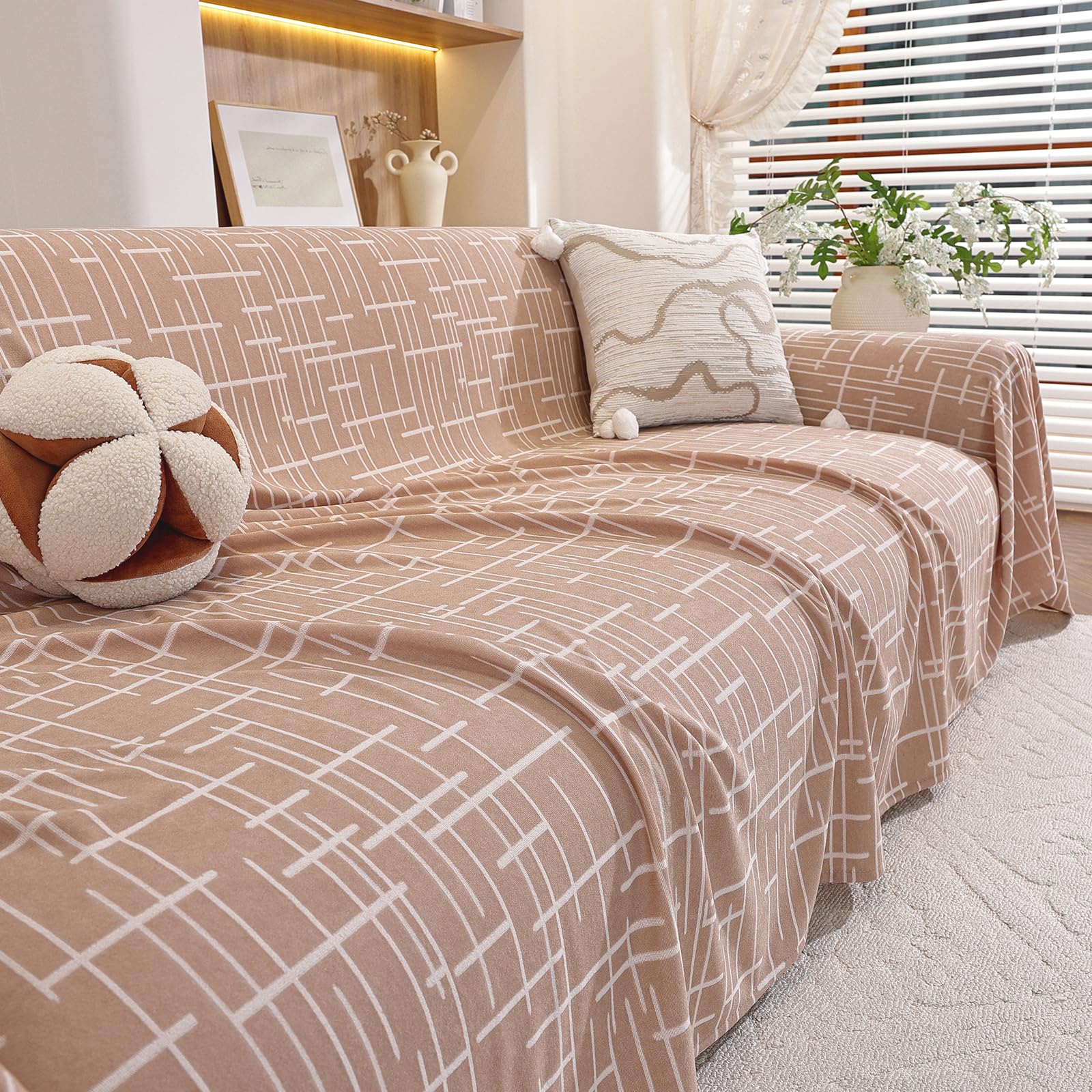 YSTELLAA Copridivano 4 Posti, 200x380 CM, Telo Copridivano Universale Decorativo, Copri Divano Con Braccioli, Copridivani Arredamento Protector, Copritutto Antimacchia Telo Divano, Cammello
