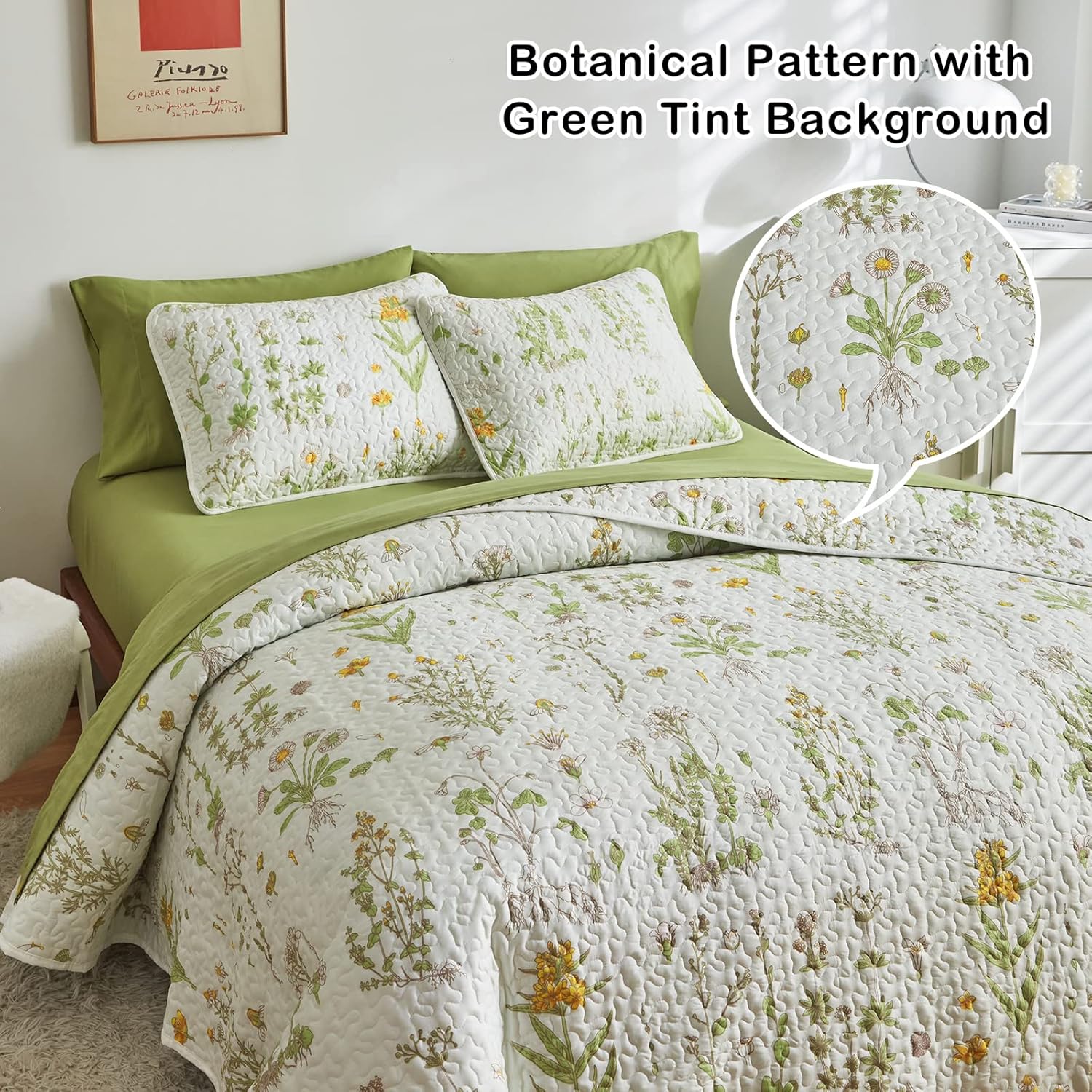 Joyreap 2 Pieces Reversible Quilt Set, Smooth Soft Microfiber Quilt, Yellow Flowers Green Leaves Botanical Design, Bedspread Bed Cover for All Season, 1 Quilt n 1 Pillow Sham (Twin, 68x86 inches) Botanical 02 Twin (68"x86", 1 Quilt+1 Pillow Sham)