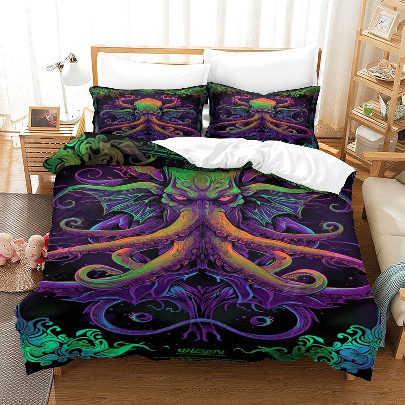 Qpirinmex Octopus Bedding Set Duvet Cover Soft Microfiber Pillowcase Quilt Cover With 3Dprinted With Zipper Closure ， Design For Kids Teenagers Adult Single（140X200cm）