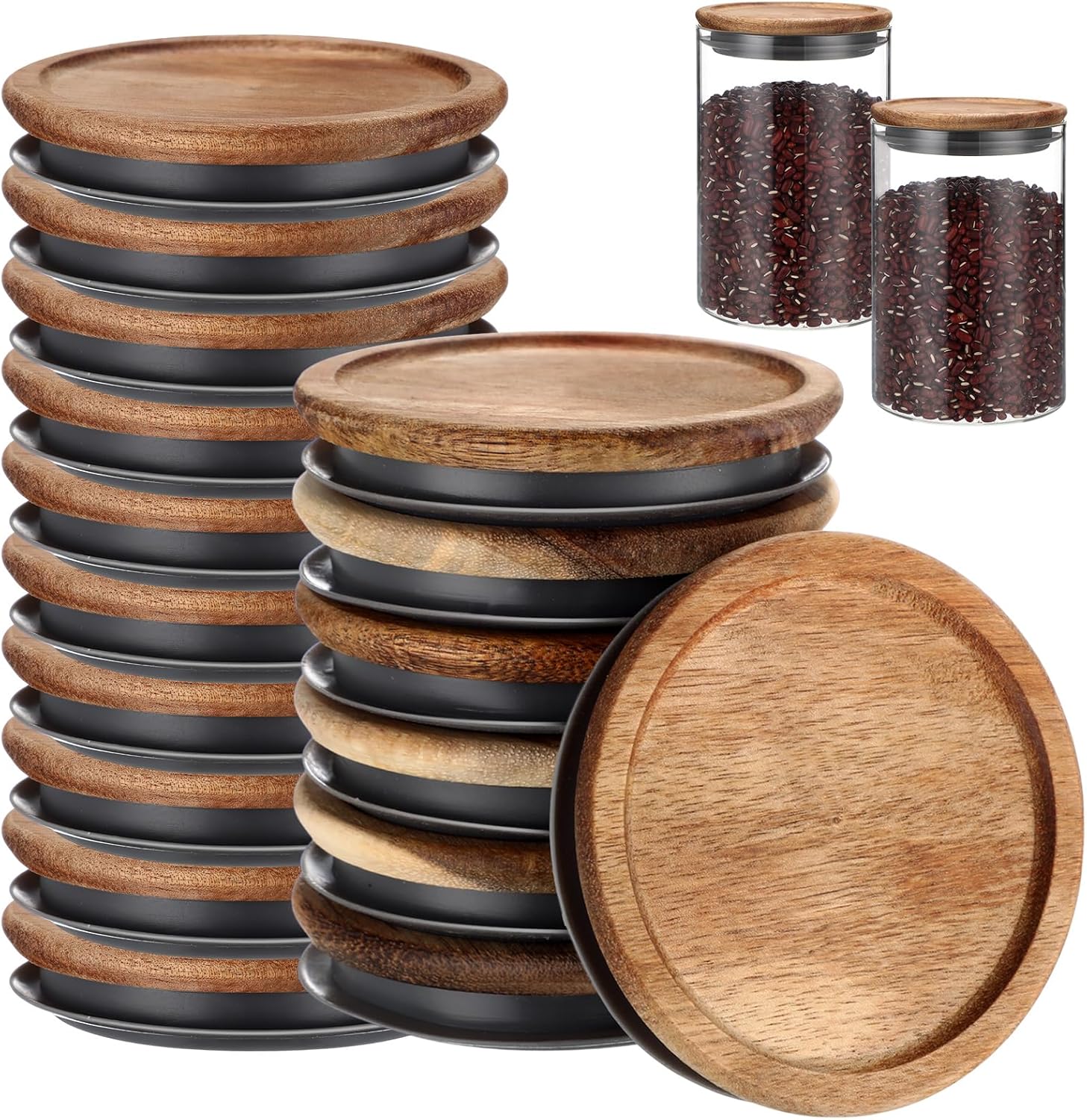 Roshtia 20 Pack 85mm Wide Mouth Mason Jar Lids with Airtight Silicone Seal 3.25 Inch Reusable Wood Caps Leakproof Glass Canning Drinking Storage Jars Lid for Dry Food Storage, No Jars (Acacia Wood)