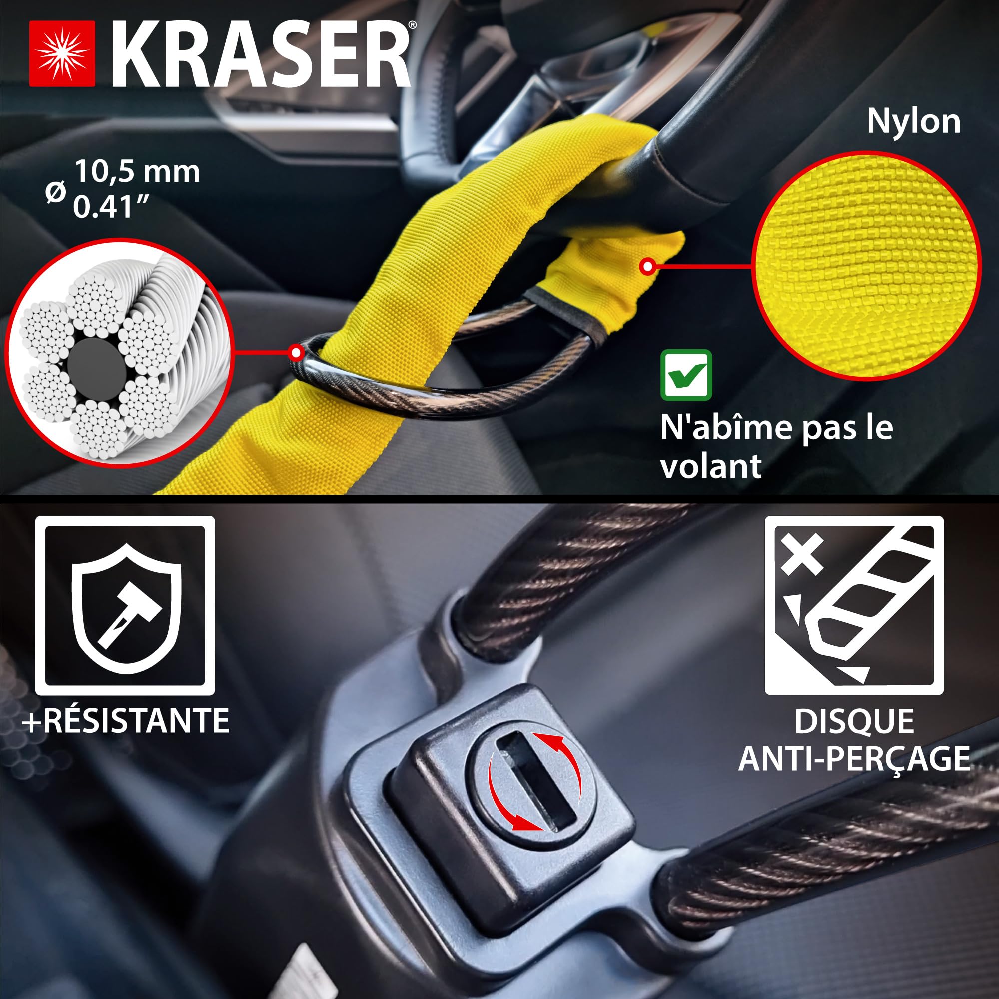 KRASER KR882Y Antivol Voiture Amélioré, Bloque Volant Ceinture, Robuste et Visible, Serrure avec Disque Antiperçage, Câble en Acier Plus Flexible, Anti vol Auto Universele, SUV, Camping Car, Fourgon