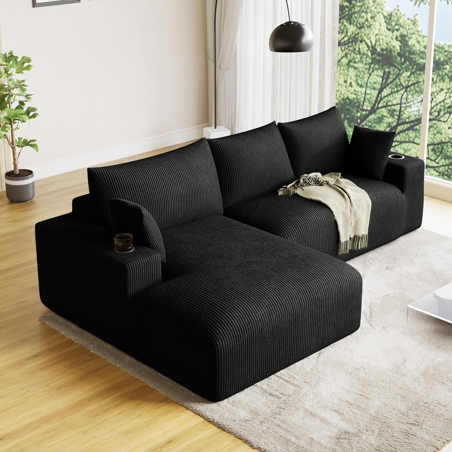 110" Modular Sectional Sofa Cloud Couch, Modern Deep Seat Fluffy Corduroy Boneless Couch with Cup Holder, Comfy L Shaped Sectional Couches for Living Room, Bedroom. (Right Facing, Camel)