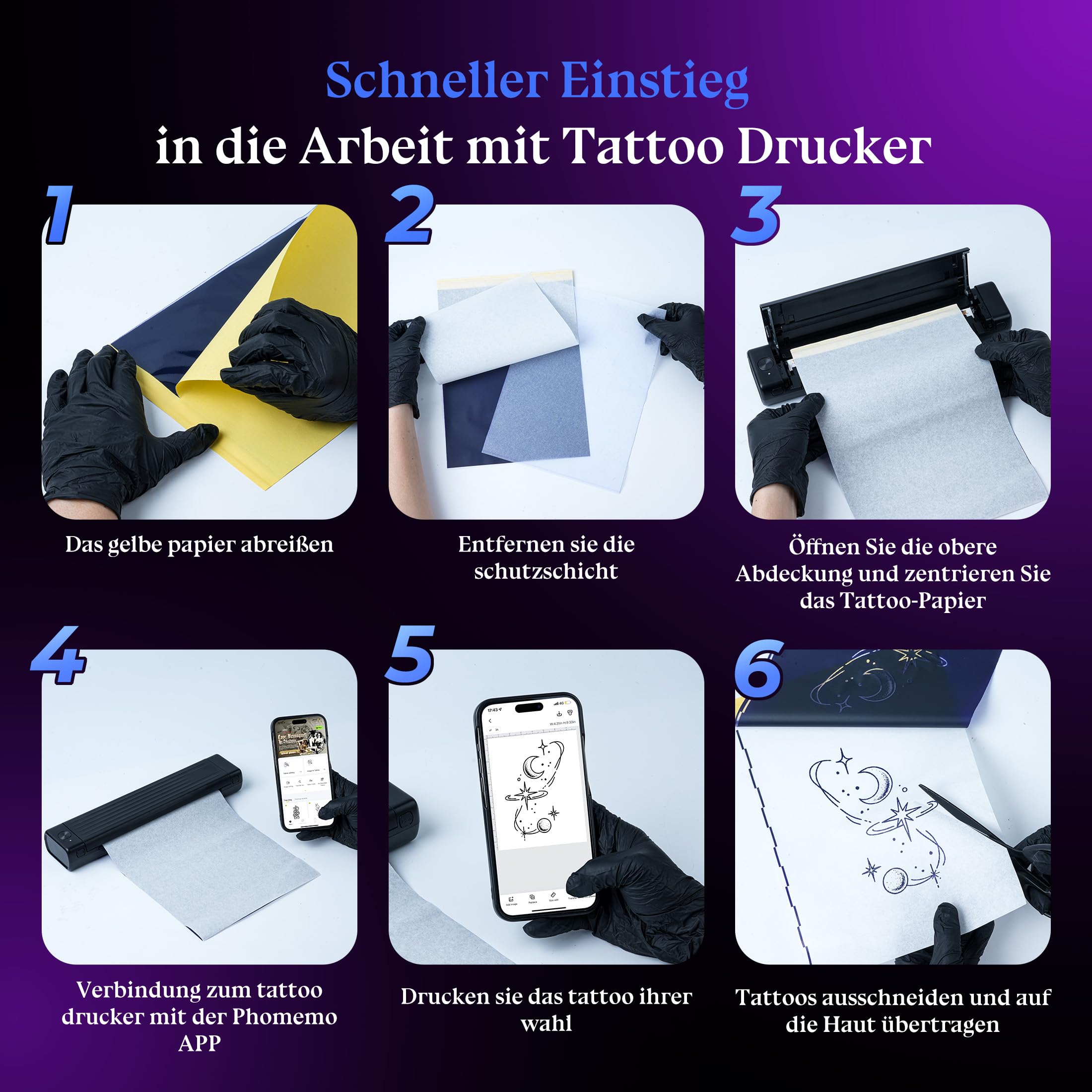 Itari A886 Tattoo Stencil Drucker Bluetooth, Schablone Drucker Übertragungskits Kompatibel mit Smartphone & PC, Thermodrucker Tattoo Maschine mit 10 Blätter Papier für Anfänger und Künstler, Schwarz