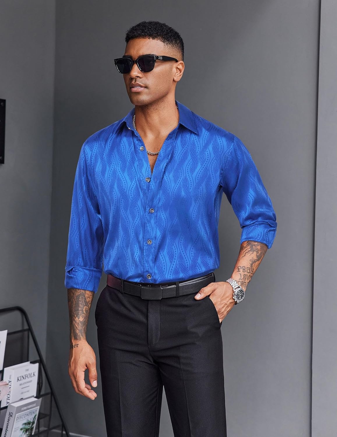 COOFANDY Men's Silk Satin Dress Shirts Jacquard Long Sleeve Floral Button Up Shirts Party Prom Wedding Shirt - Image 2