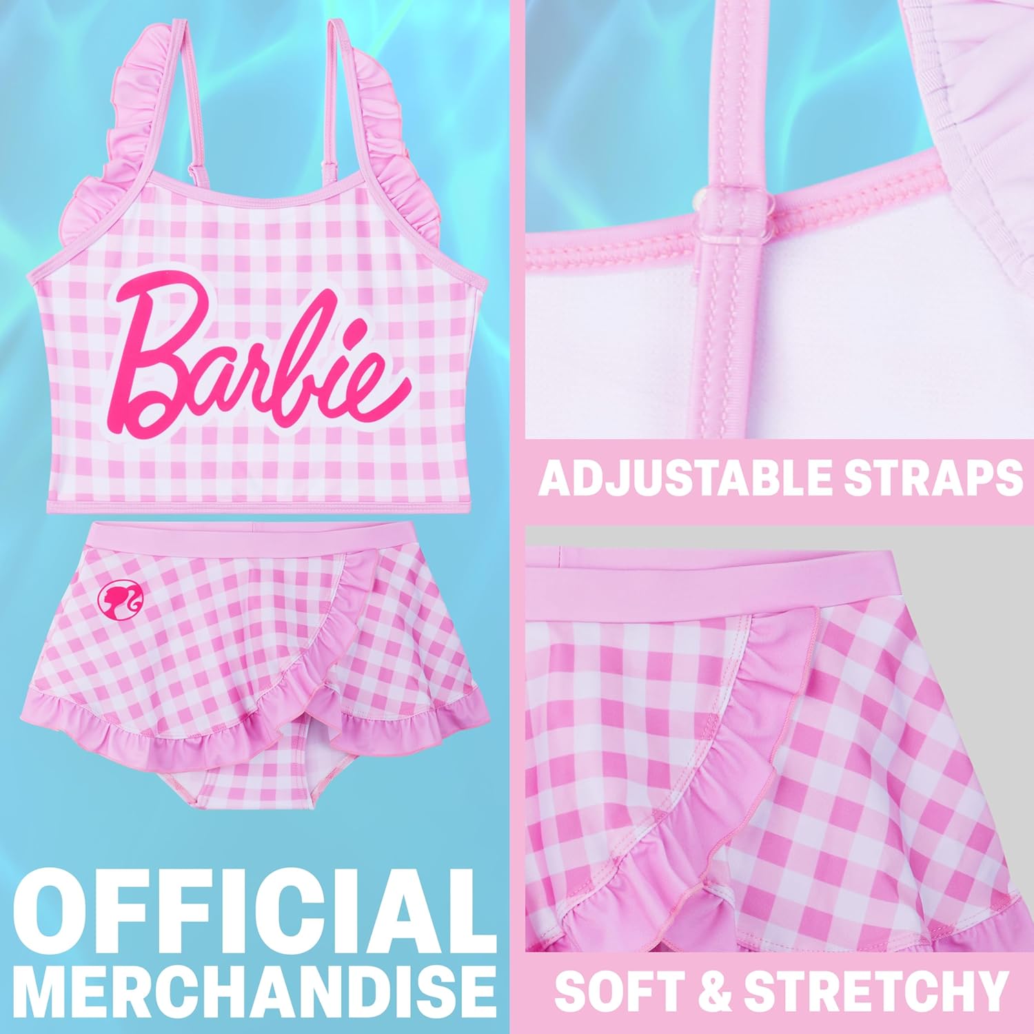 Barbie Girls Swimsuit Set 5-14 Yrs, Two Piece Bikini Set, Adjustable Strap Bathing Suits Swimwear, Swimming Gifts for Girls