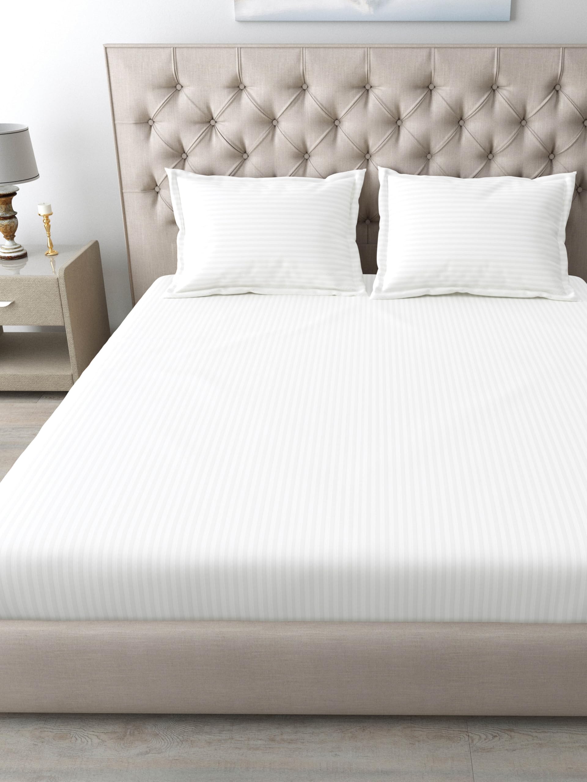 Mafatlal Italian Strip King Size Bed Sheet with 2 Pillow Covers Pure Cotton | 210 TC Flat Bedsheet White | 108 x 108 Inches| Luxury & Breathable Fabric