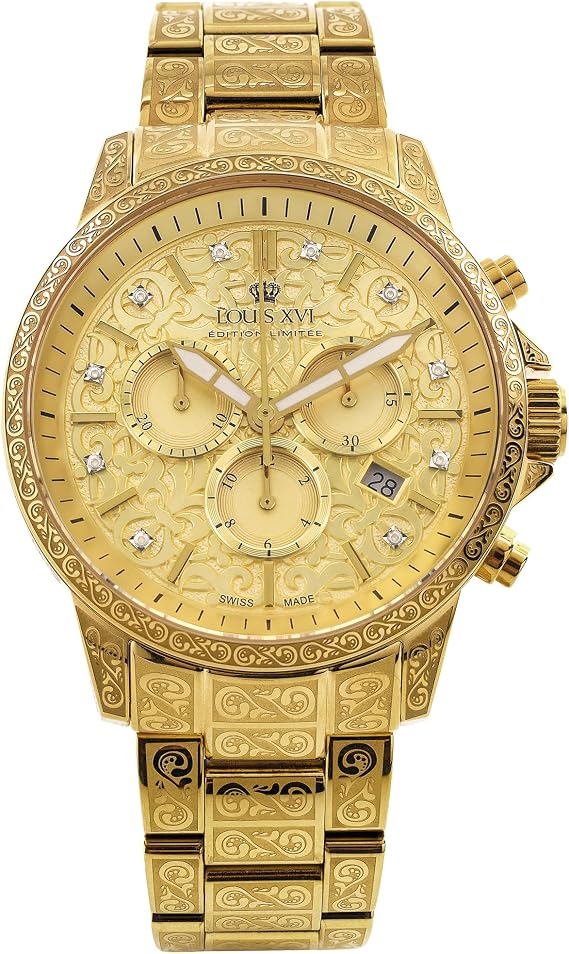LOUIS XVI Palais Royale 2.0 1801 - Ø 43 mm - Herren Uhr - Wasserdicht - Uhr Vergoldet - Armband Gold - Zifferblatt Gold mit Diamanten - Schweizer Quarzwerk
