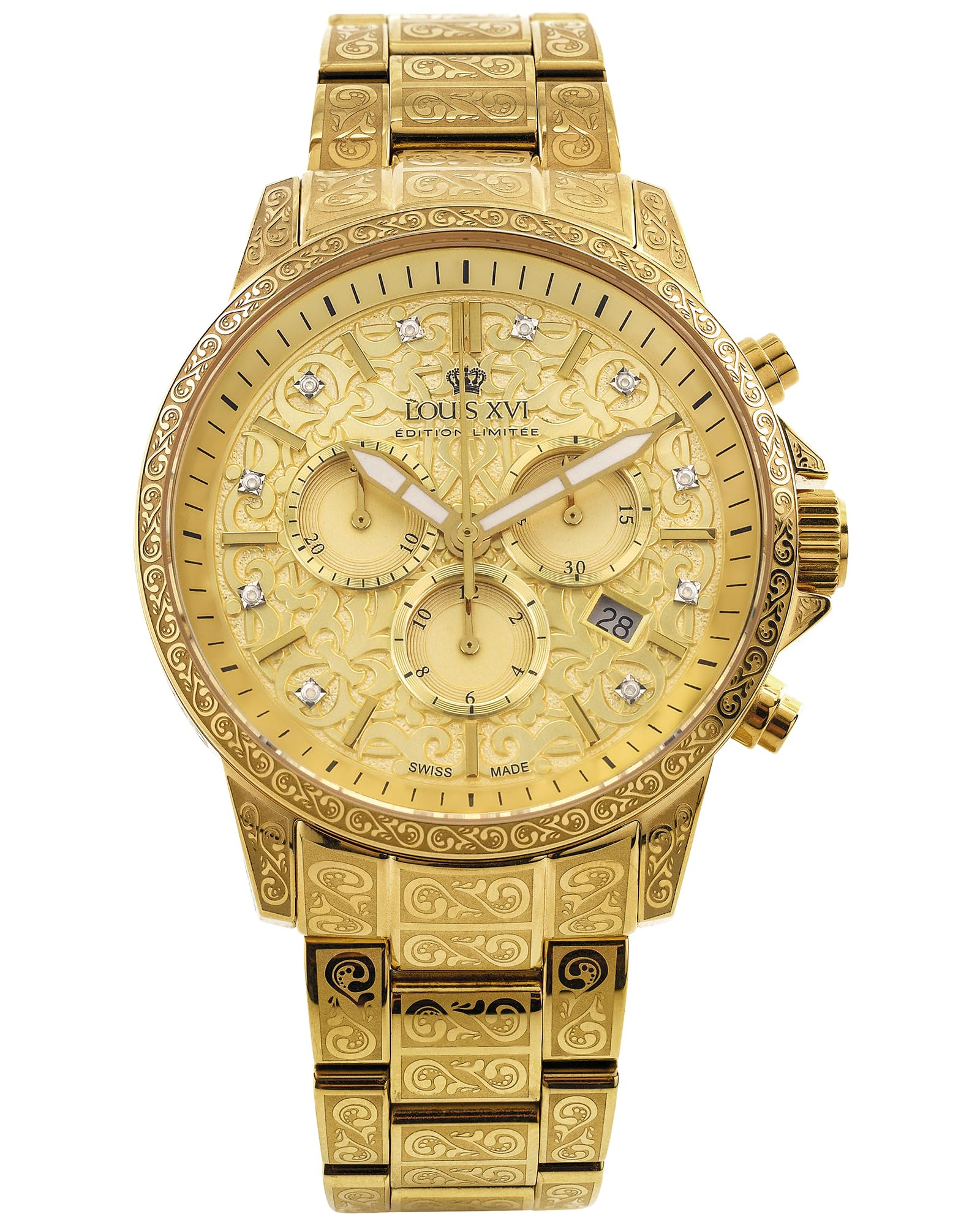 LOUIS XVI Palais Royale 2.0 1801 - Ø 43 mm - Herren Uhr - Wasserdicht - Uhr Vergoldet - Armband Gold - Zifferblatt Gold mit Diamanten - Schweizer Quarzwerk