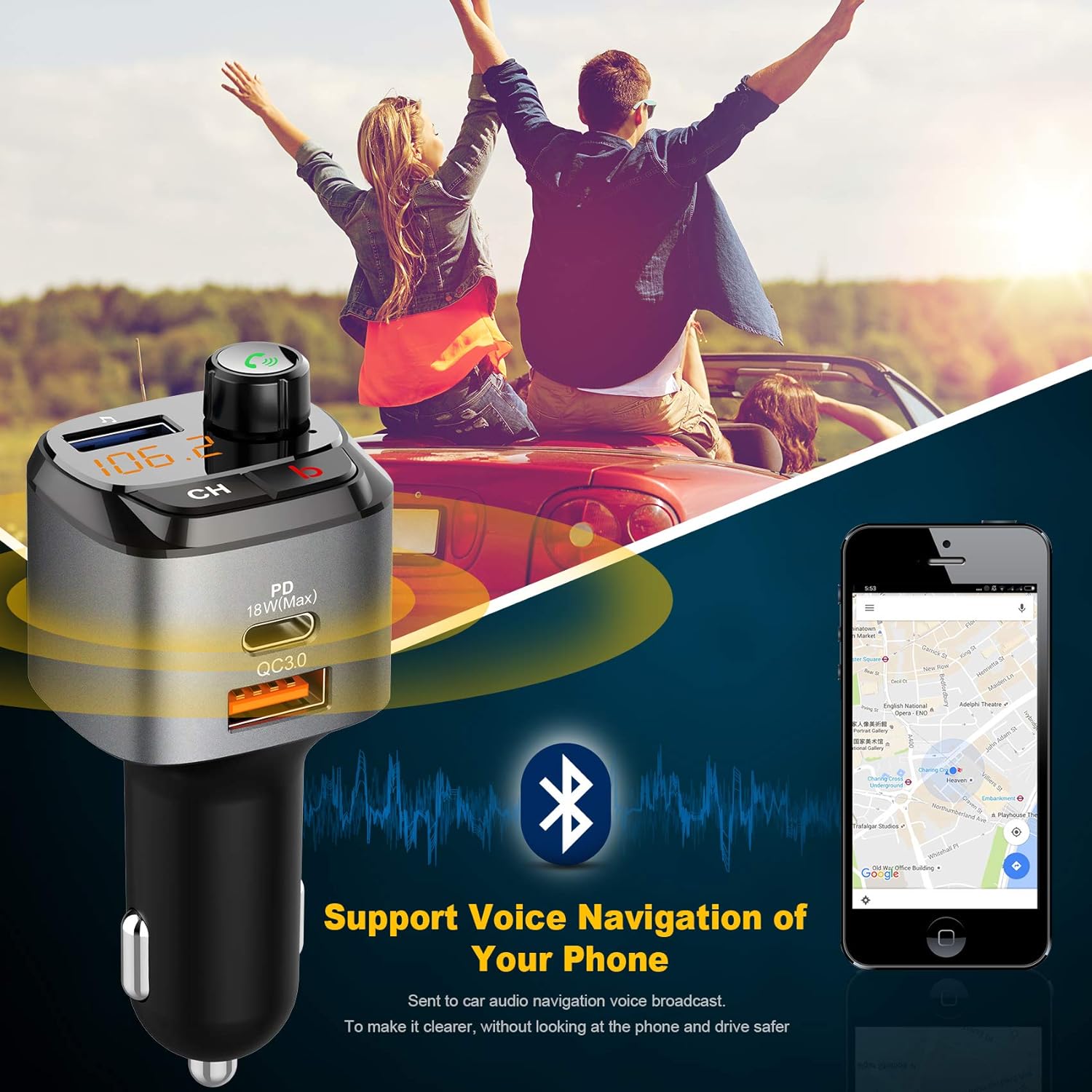 IMDEN Bluetooth 5.0 FM Transmitter for Car, QC3.0+Type-C PD 18W Wireless Bluetooth FM Radio Adapter Bass Sound Music Player FM Car Kit with Hands-free Calling and 3 USB Ports Charger Support USB Drive : Electronics