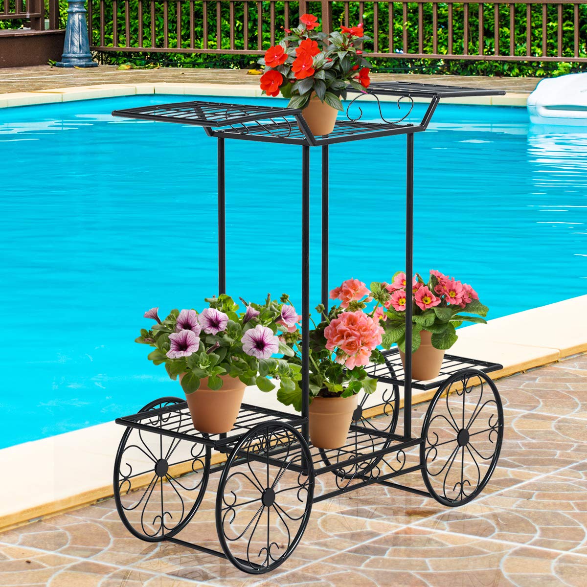 COSTWAY Pflanzenregal Metall, Blumenregal schwarz, Blumenständer mit 6 Ablagen, Pflanzenhalter für den Innen- und Außenbereich, Pflanzenständer Balkon Garten , Freistehender Blumenwagen