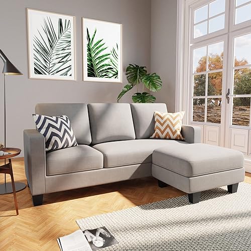 Furniwell Convertible Sectional Sofa Couch, L Shaped 3-Seat Small Couch for Living Room with Ottoman Modern Fabric Reversible Chaise for Apartment and Small Space (Light Gray)