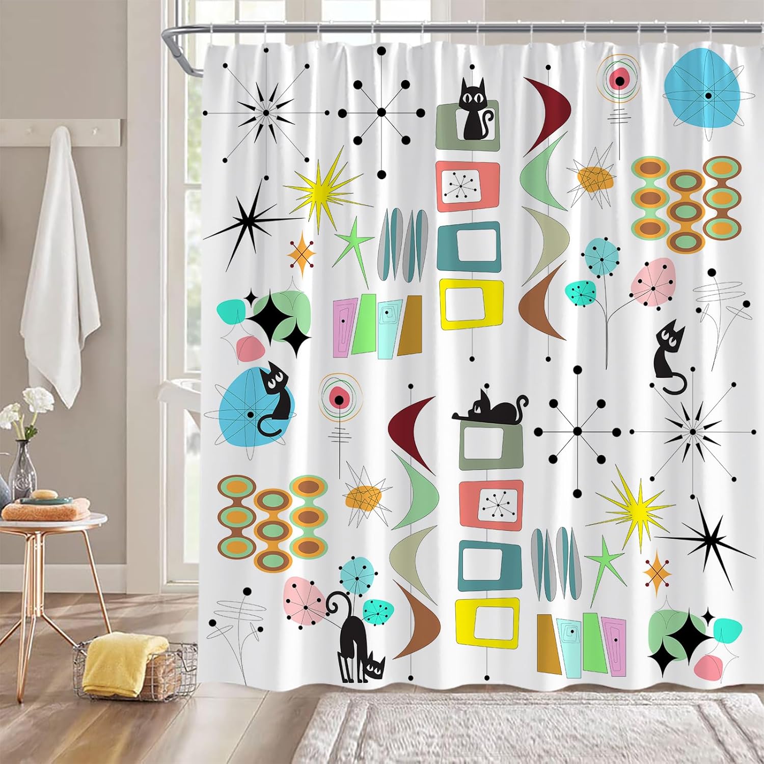 Mid Century Modern Shower Curtain Black Cat Retro Atomic Sputnik Boomerangs Abstract Geometric Iconic 50s 60s Vintage Aesthetics Art Polyester Fabric Bath Decor Curtain with Hooks